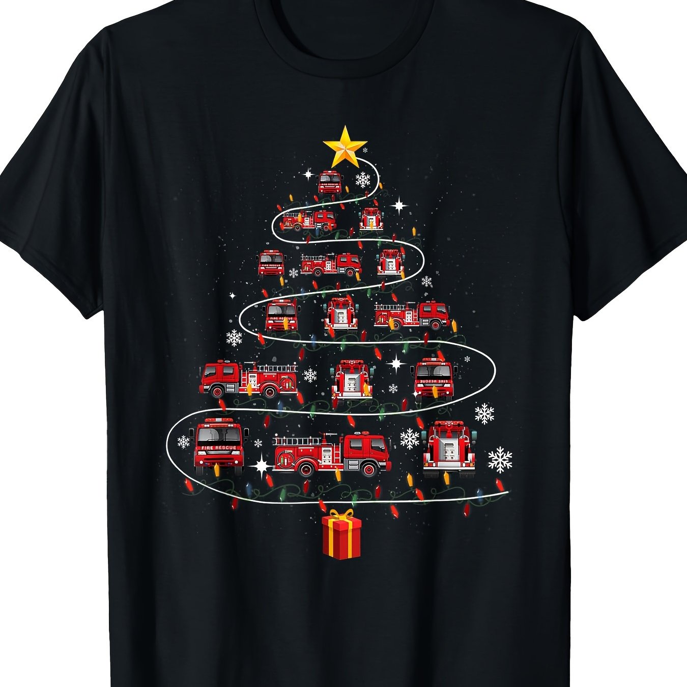 Men's Christmas T-shirt For Firefighters - Made Of, 220gsm Heavyweight Casual Tee Featuring A Fire Truck Christmas Tree And Santa Hat Design, Short Sleeve Round Neck, Gift For Firefighters