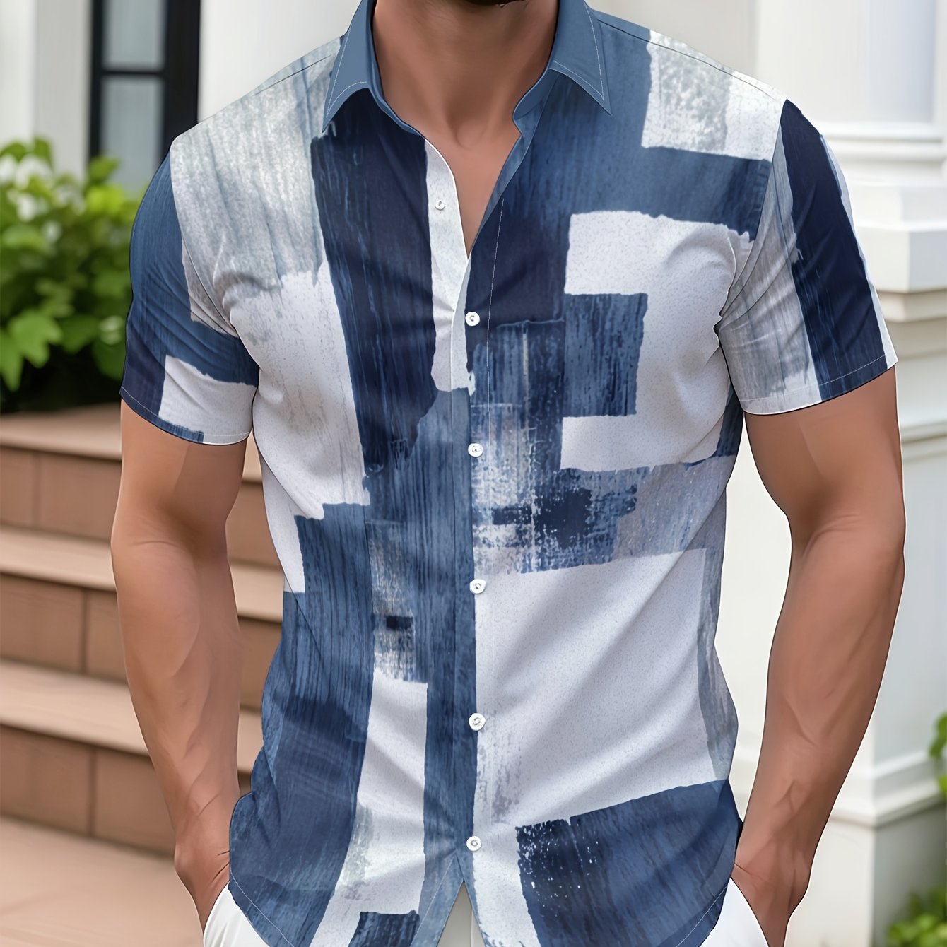 TEMU Men's Fashion Short-sleeve Shirt, Stylish And White Printed Short-sleeve Shirt, Trendy New Summer Outfit, Daily Casual Shirt, Vacation Beach