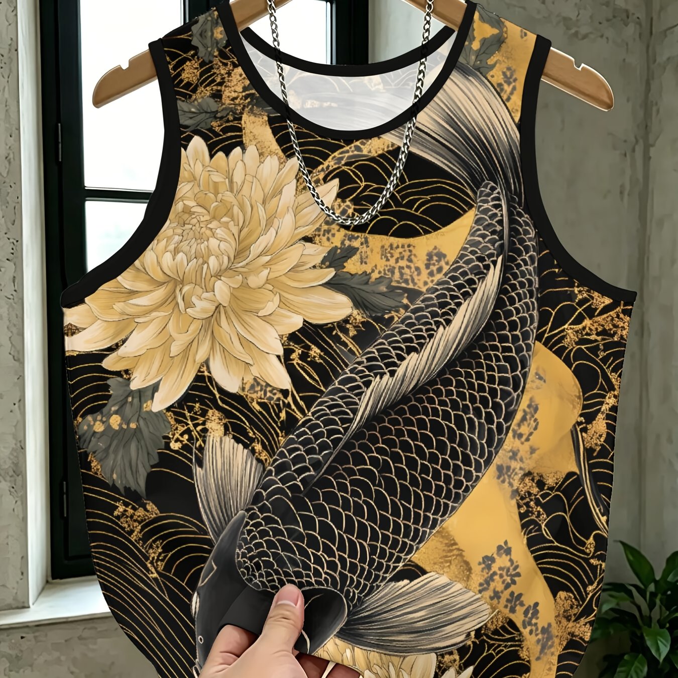 TEMU 1pc Men's Breathable Mesh Vest Ink Wash Koi Digital Printed, Skin-friendly Versatile Sleeveless Top