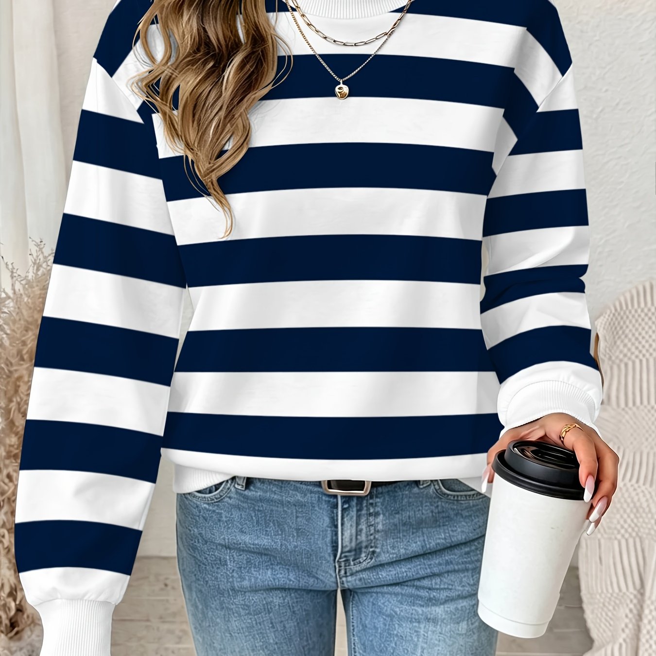 TEMU Women Lightweight Crew Neck Striped Printed Sweatshirt Long Sleeve Casual Top For Spring Autumn
