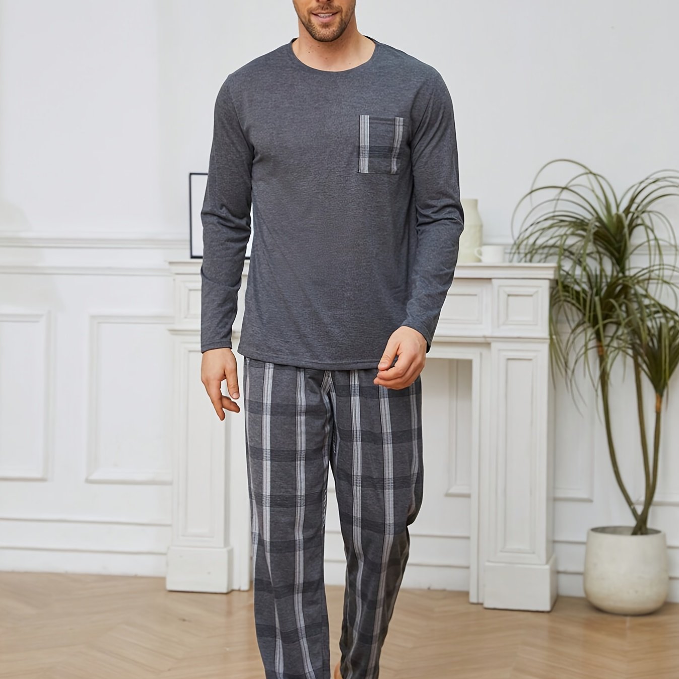 TEMU Men's Cozy Dark Gray Pajama Set With Pockets - Long Sleeve Round Neck Top & Pants, Polyester Blend, Machine Washable