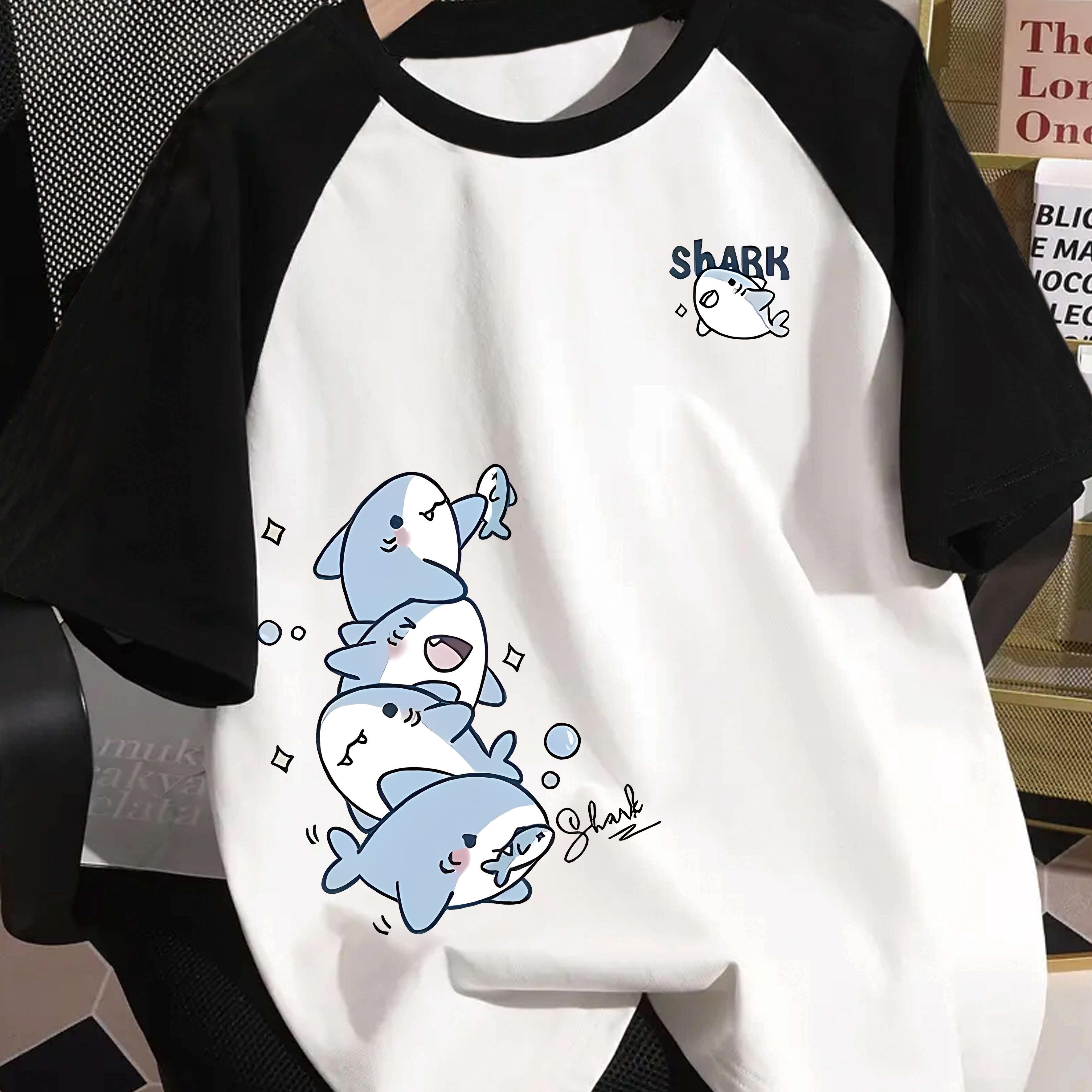 E-shop Y2K, voller Spaß! Cartoon Hai Print Rundhals Kurzarm T-Shirt ist ein Must-Have für süße, Rundhals Kurzarm Hai Muster T-Shirt ist bequem und