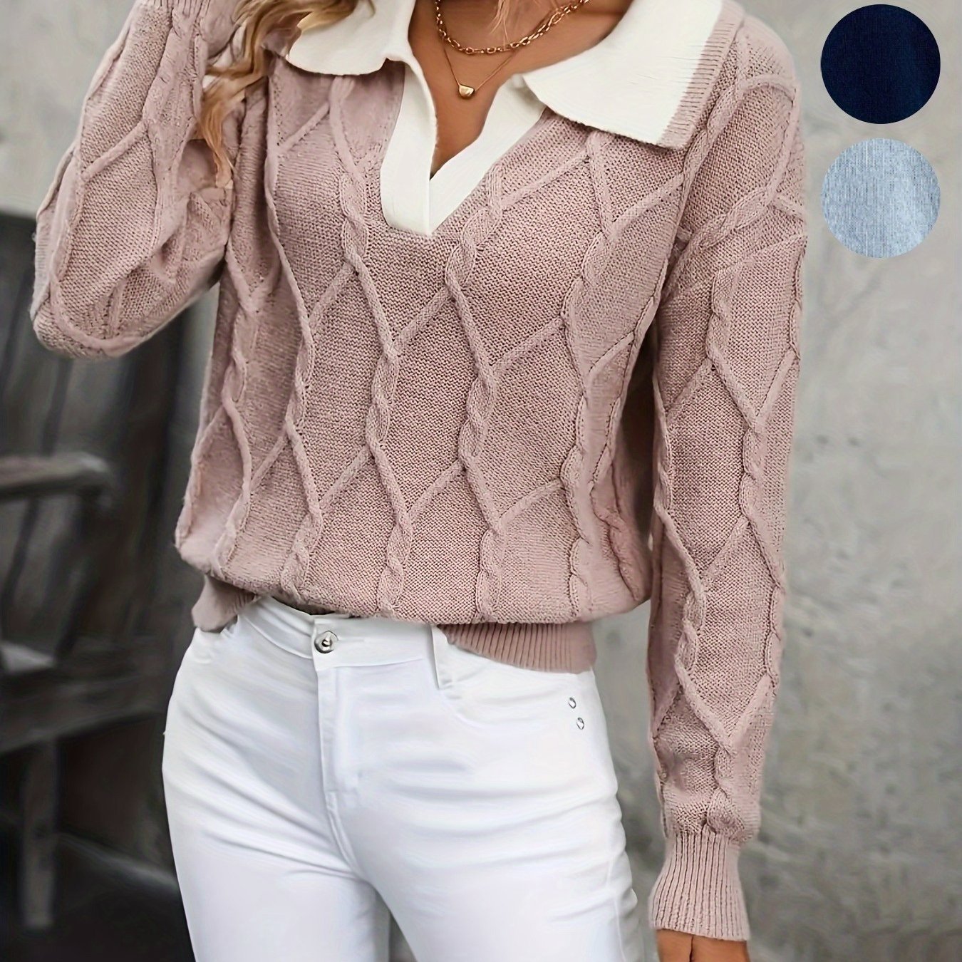 Image of Plus Size, Rice Leaf Directional Elegant Fashion Autumn Winter Plus Size Color Block Turn- Collar Long Sleeve Women's Jumper