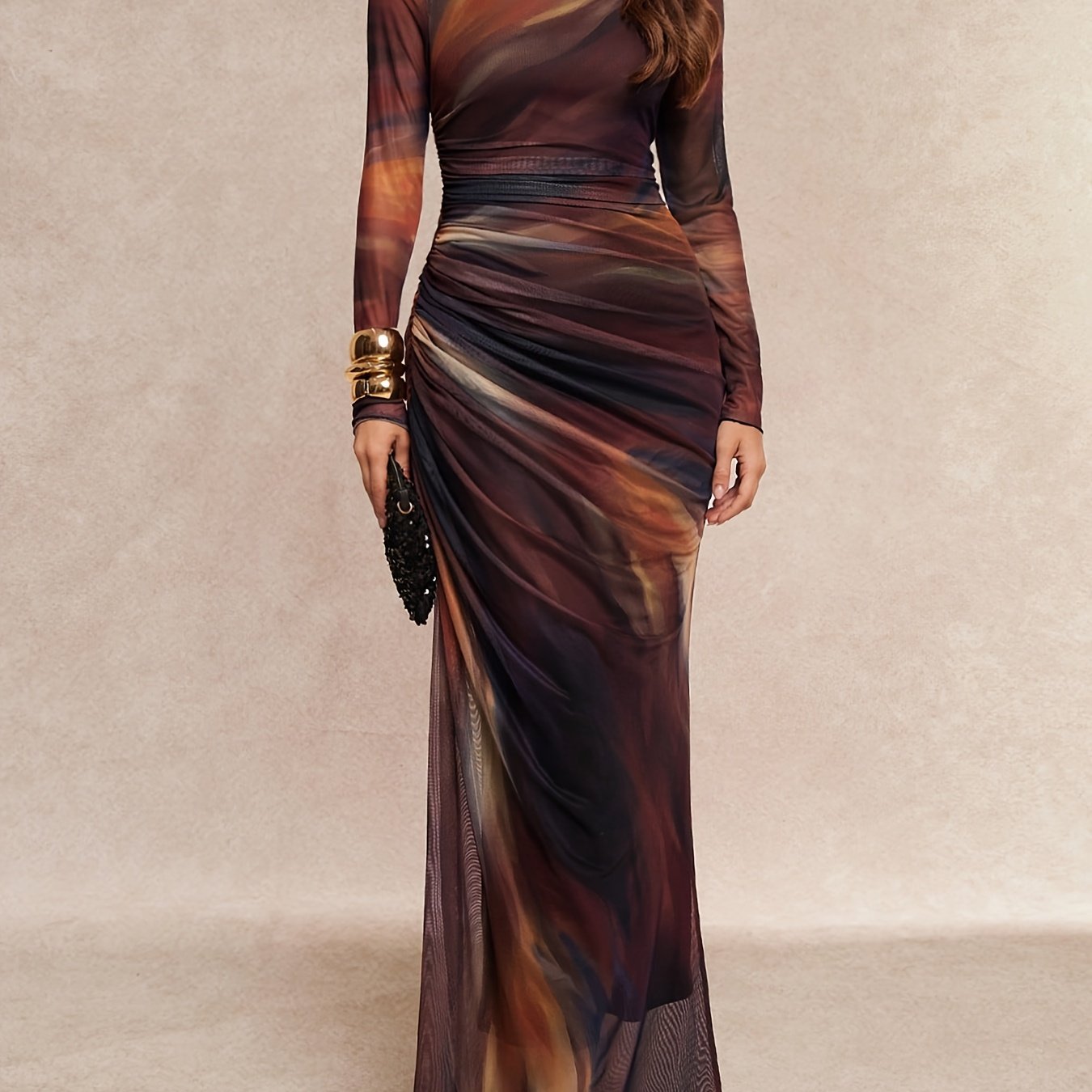 TEMU Elegant Special Women's Mesh Gradient Ombre Printed Round Neck Long Sleeve Ruched Waist Long Dress, Spring Autumn Elegant Dress Suitable For