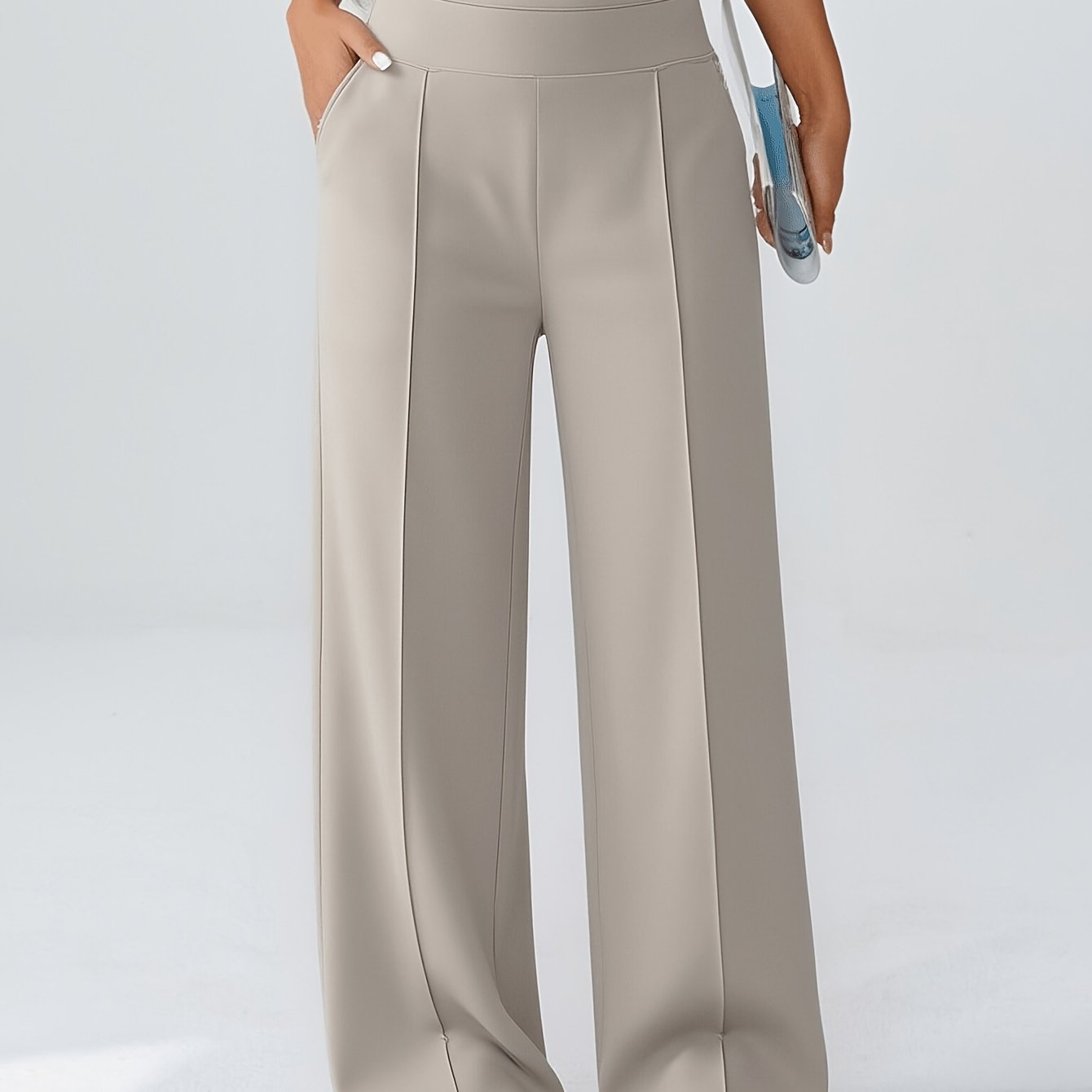 TEMU Spring And Autumn Women's Casual Versatile Wide-leg Pants (2 Pockets) High-waisted Elastic Waist Design Straight-leg Long Pants Breathable Loose