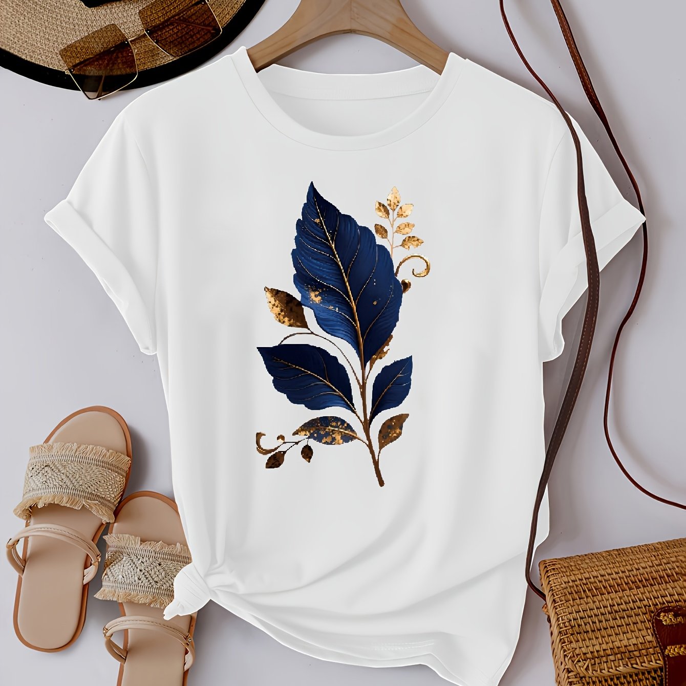 TEMU Vintage Light Luxury Botanical Leaf Pattern Print T-shirt, Fabric, Casual Versatile Top, Suitable For Daily Commuting And Outdoor Wear,