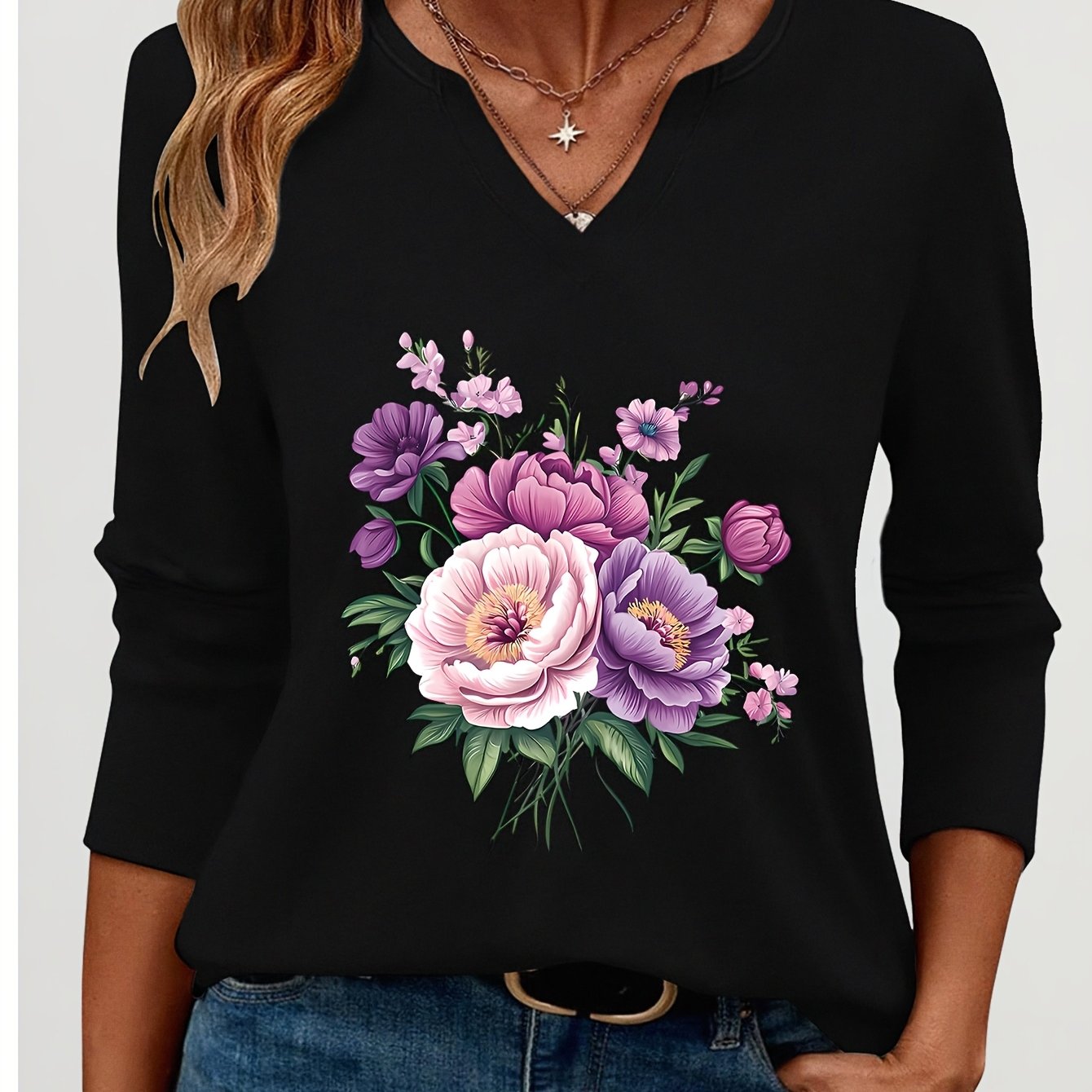 TEMU A V-neck, Three-quarter Sleeve T-shirt Featuring A Floral Pattern Of Light Purple Peonies, Breathable And Comfortable, Perfect For Streetwear,