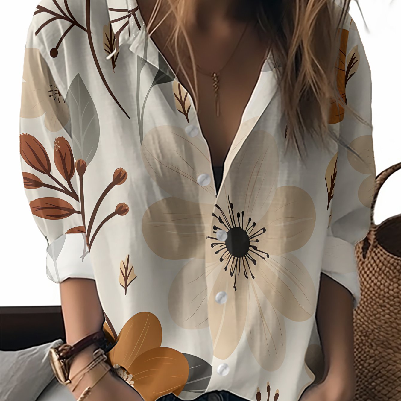 TEMU This New Women's Long-sleeve Shirt Features A Light Beige Fabric With An Elegant Floral Pattern Of Orange And Cream Flowers With Greenish-brown