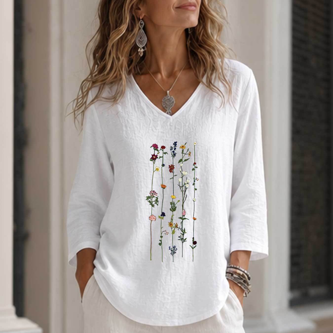 TEMU Spring/summer Commuter Simple And Elegant Women's Top, With Floral And Branch Print, Loose-fitting, Breathable, V-neck, Three-quarter Sleeve