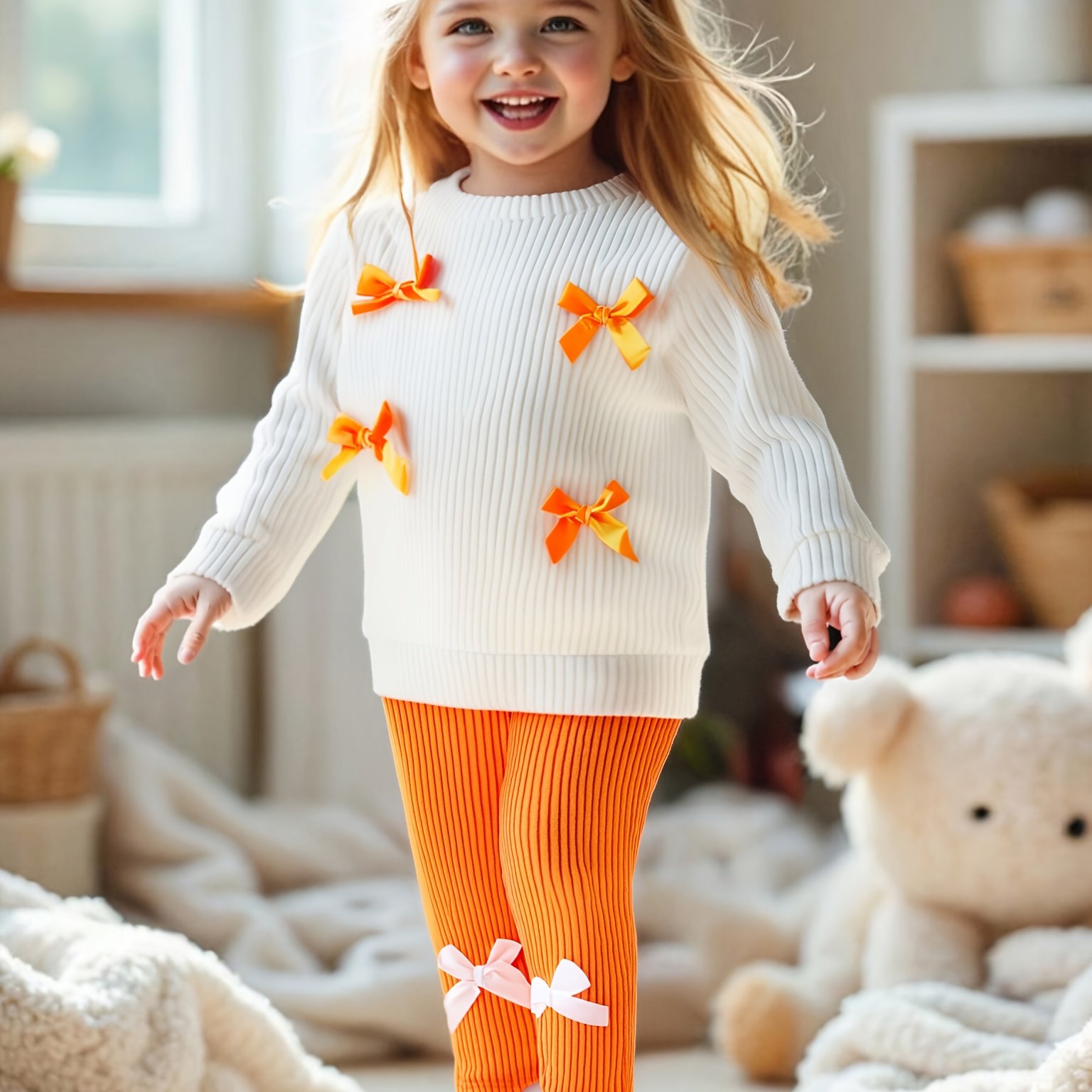 ' 2pcs Set Fashion Solid Round Neck Striped Bow Decor Knit Regular Long Sleeve Sweatshirt And Solid Striped Bow Decor Pants Long To Ankle Tight Pants Autumn Casual Long Pants Suit, For Outdoor