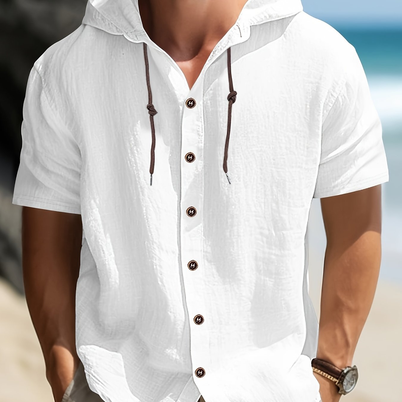 Larsen Obm Men's Lightweight Summer Casual Button-up Shirt - Light Beige Breathable Regular Fit With Chest Pockets & Hooded Collar For Beach, Outdoor Activities