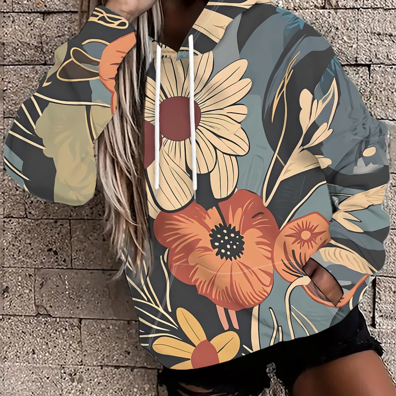 TEMU Women's Vintage Floral Print Hooded Sweatshirt, Made Of Comfortable And Skin-friendly Polyester Fabric. Features A Drawstring Design For A