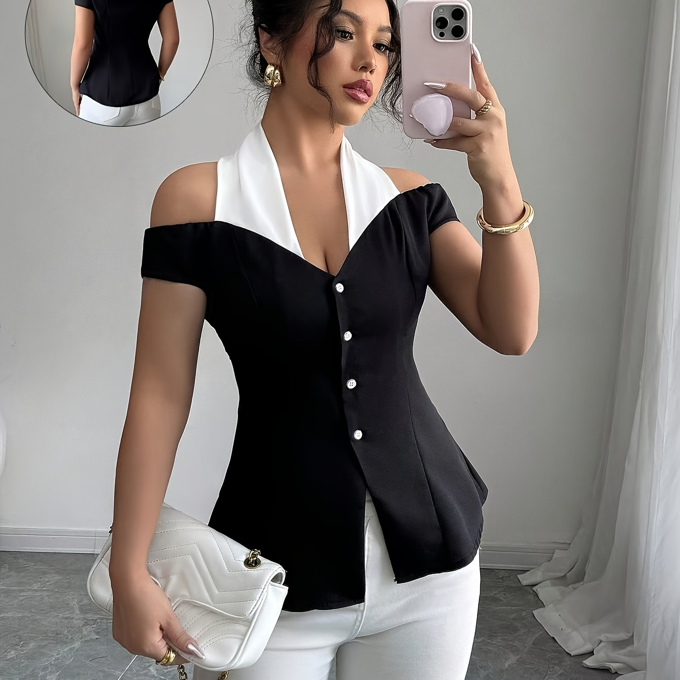 E-shop Damen Elegantes Schwarz-Weißes Offshoulder-Bluse - Chic V-Ausschnitt, Kurzarm, Uni-Farben Top für den Sommer, Casual Wochenendkleidung,