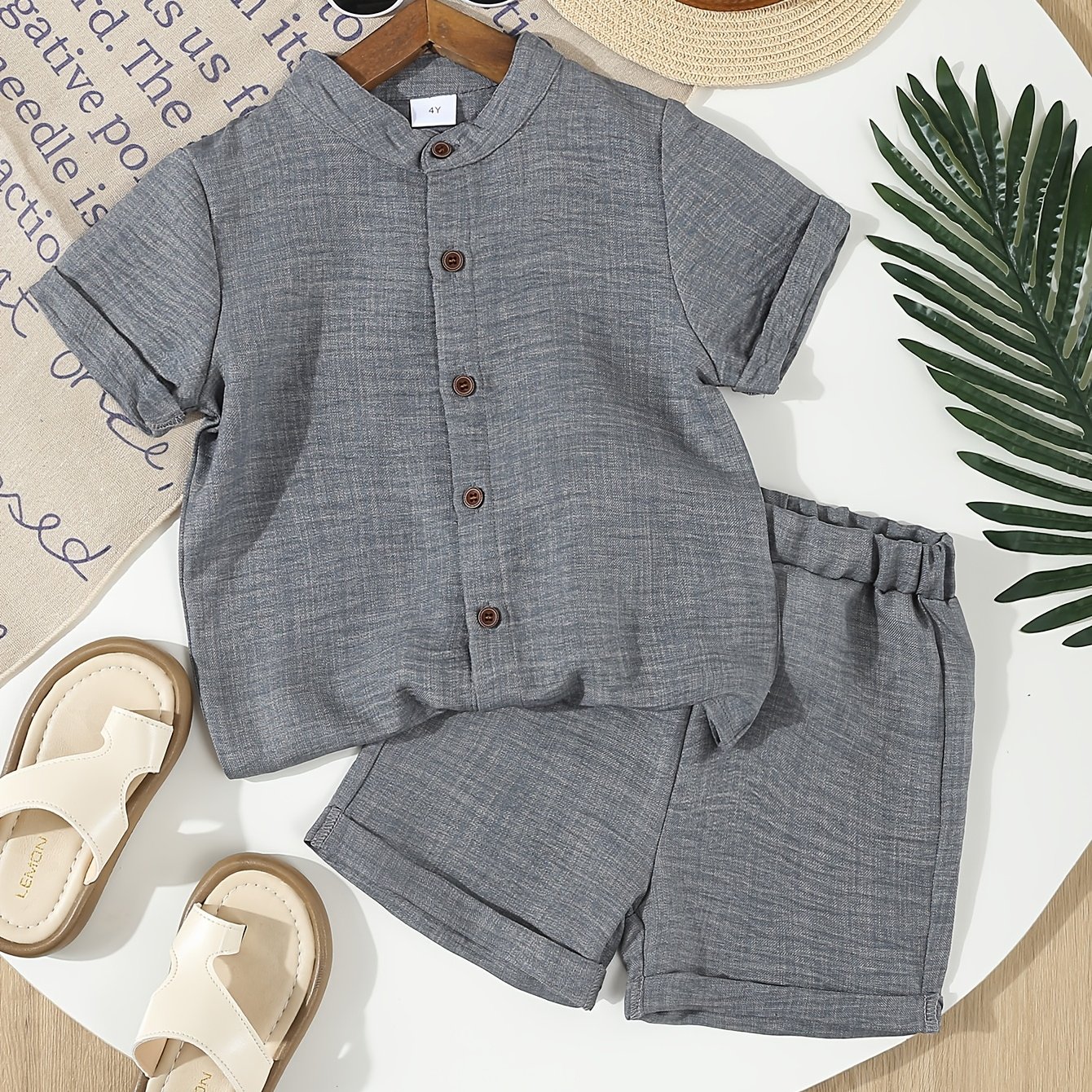 Boys' Summer New Solid Easy Collar Cardigan And Casual Shorts 2pcs Set, For Outdoor