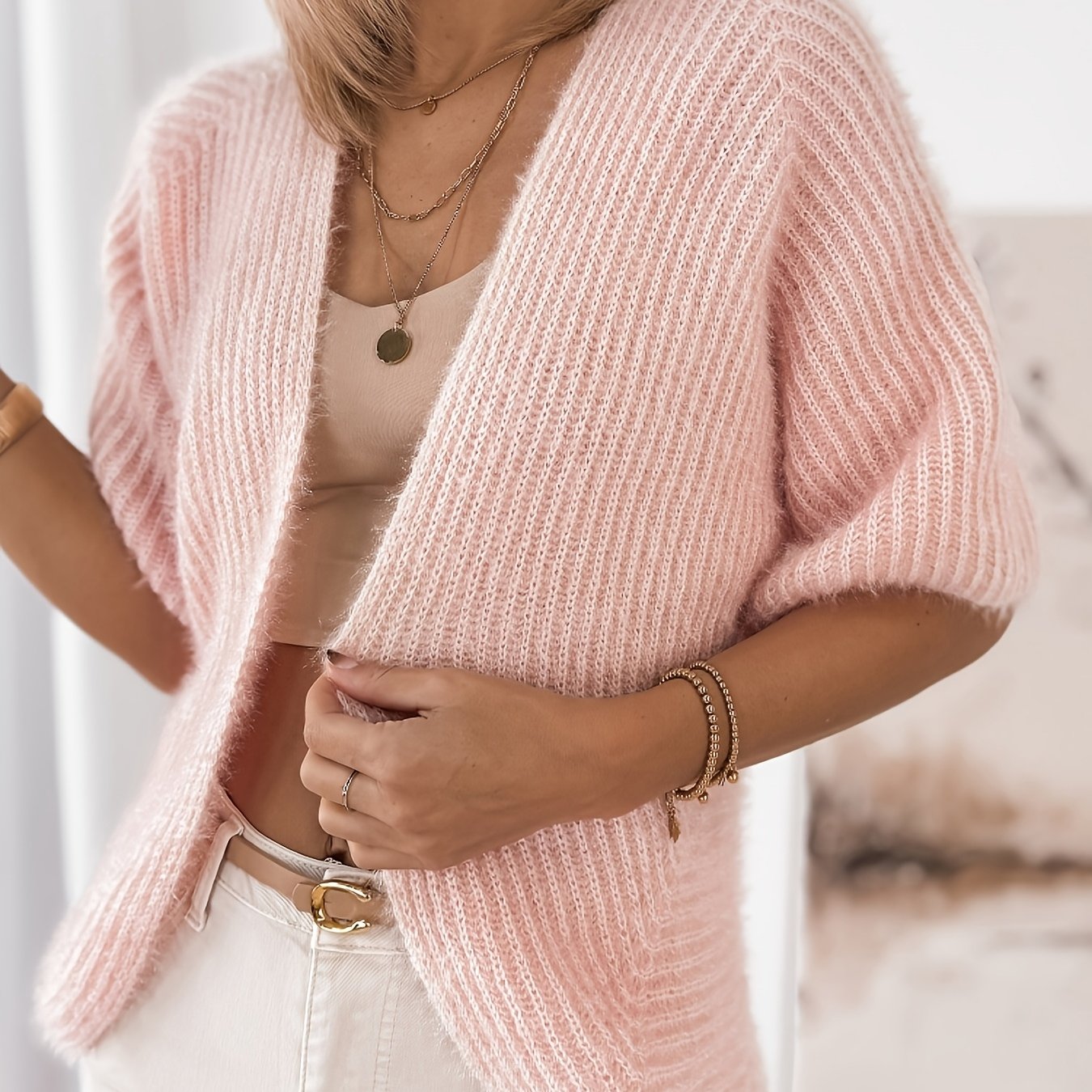 TEMU And Autumn Cardigan For Women, Loose And Mid-length With Three-quarter Sleeves, Versatile Sweater Coat