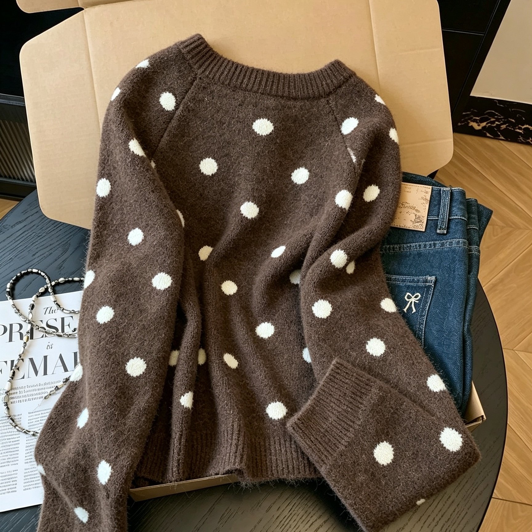 TEMU Korean Style Polka Dot Round Neck Cardigan Women's Autumn Winter New Loose All-match Soft And Lazy Style Sweater Jacket Nywaa
