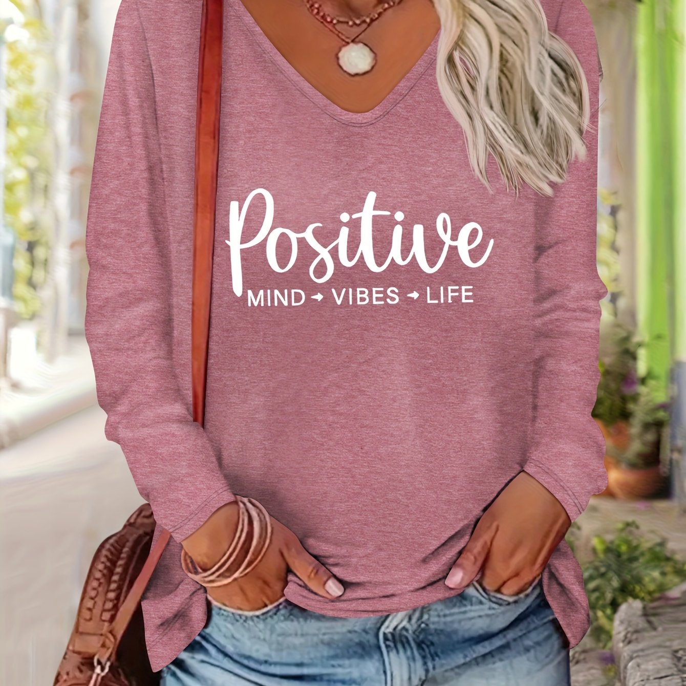 TEMU Women's Positive Letter Print V-neck Long Sleeve T-shirt - Soft Rayon For Fall Winter, Machine Washable