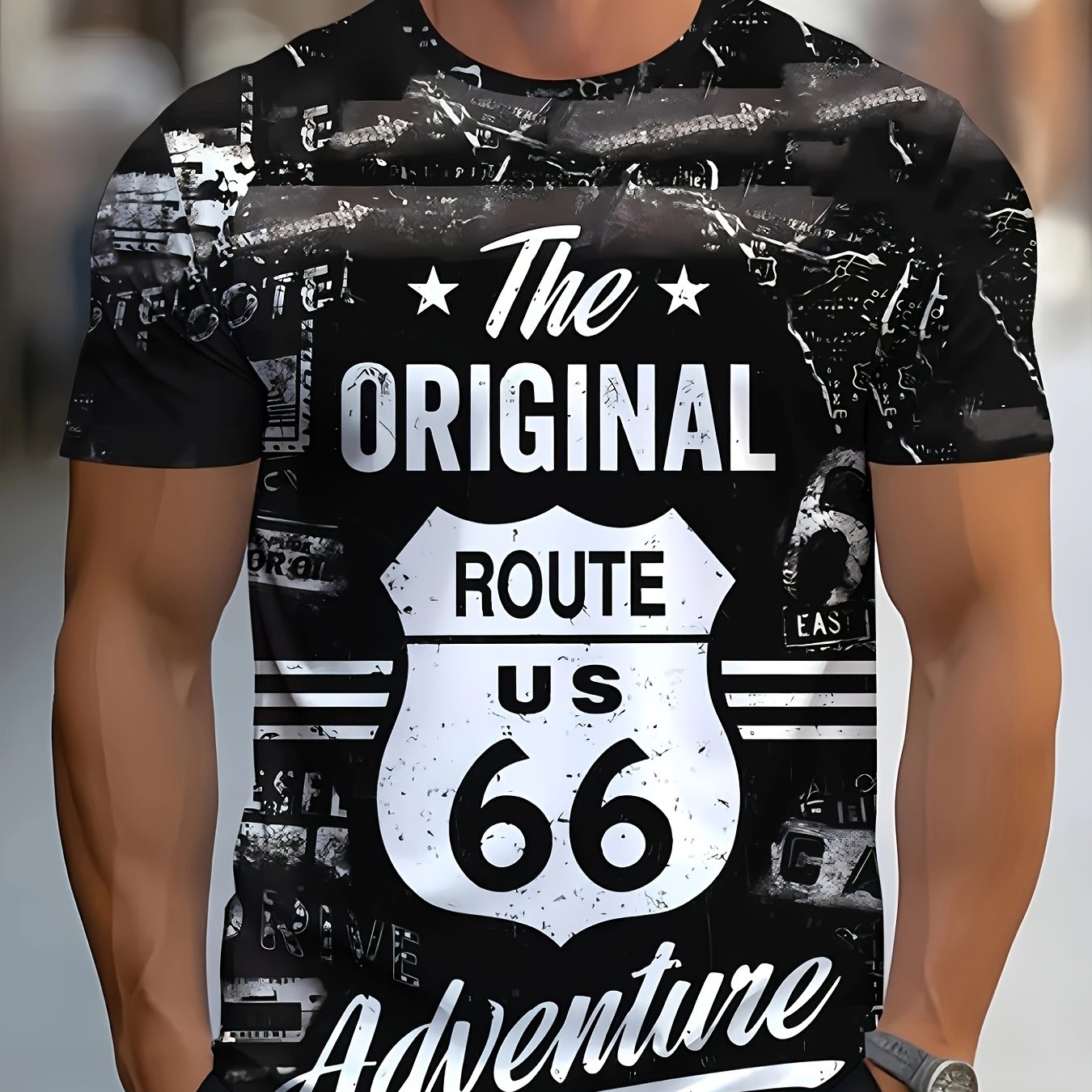TEMU Men's Vintage No. 66 Graphic T-shirt - Casual Polyester Crew Neck Tee, Vintage Design, Black And White Print, Short Sleeve, Machine Washable