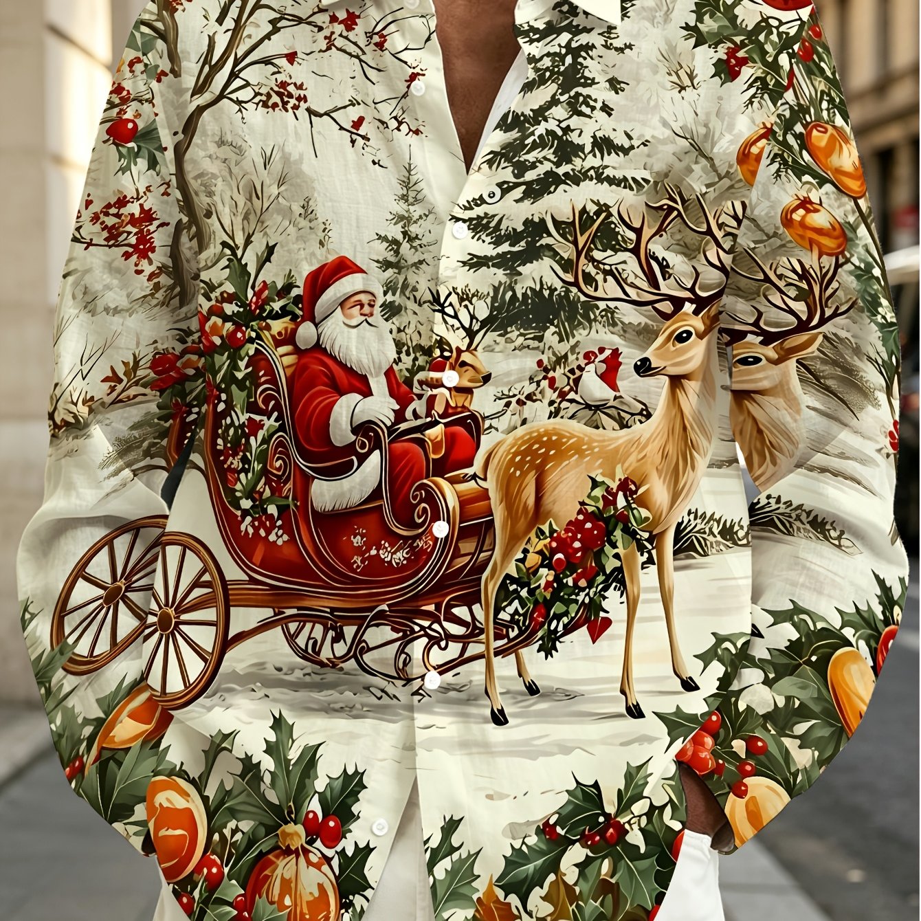 TEMU [printed Design - Not Textured] Men's Christmas Style Print Long Sleeve Shirt, Santa Claus Animal Pattern, Casual Holiday Shirt