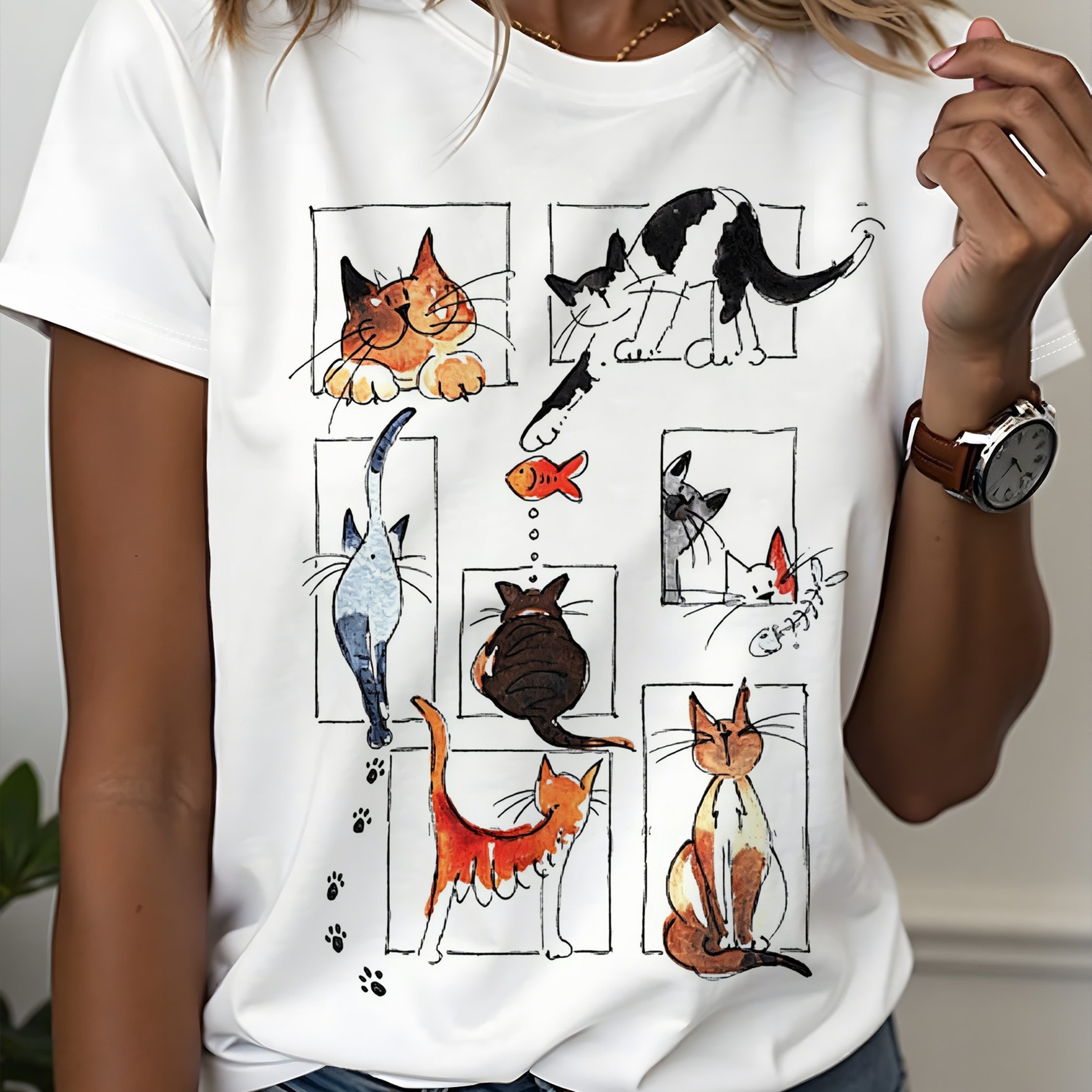 Women's Short-sleeved T-shirt With Illustrations | Multiple Cats In Funny Poses, Fresh Hand-painted Style, Item For Daily Wear, Casual Crew Neck, Stretch Fabric, Regular Length