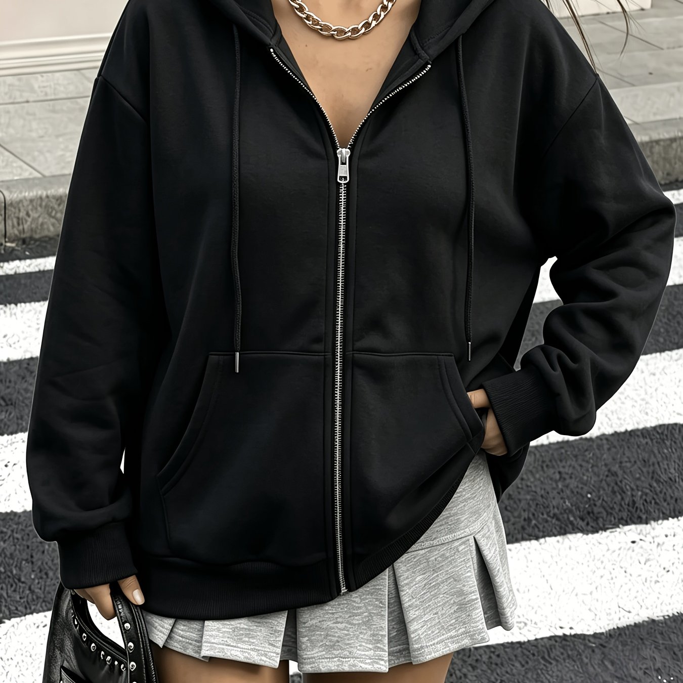 TEMU Plus Size, Women's Plus Size Street Fashion Hooded Cardigan Sweatshirt, Autumn/winter Solid Color Loose Fit Drawstring Hoodie, Multiple Colors