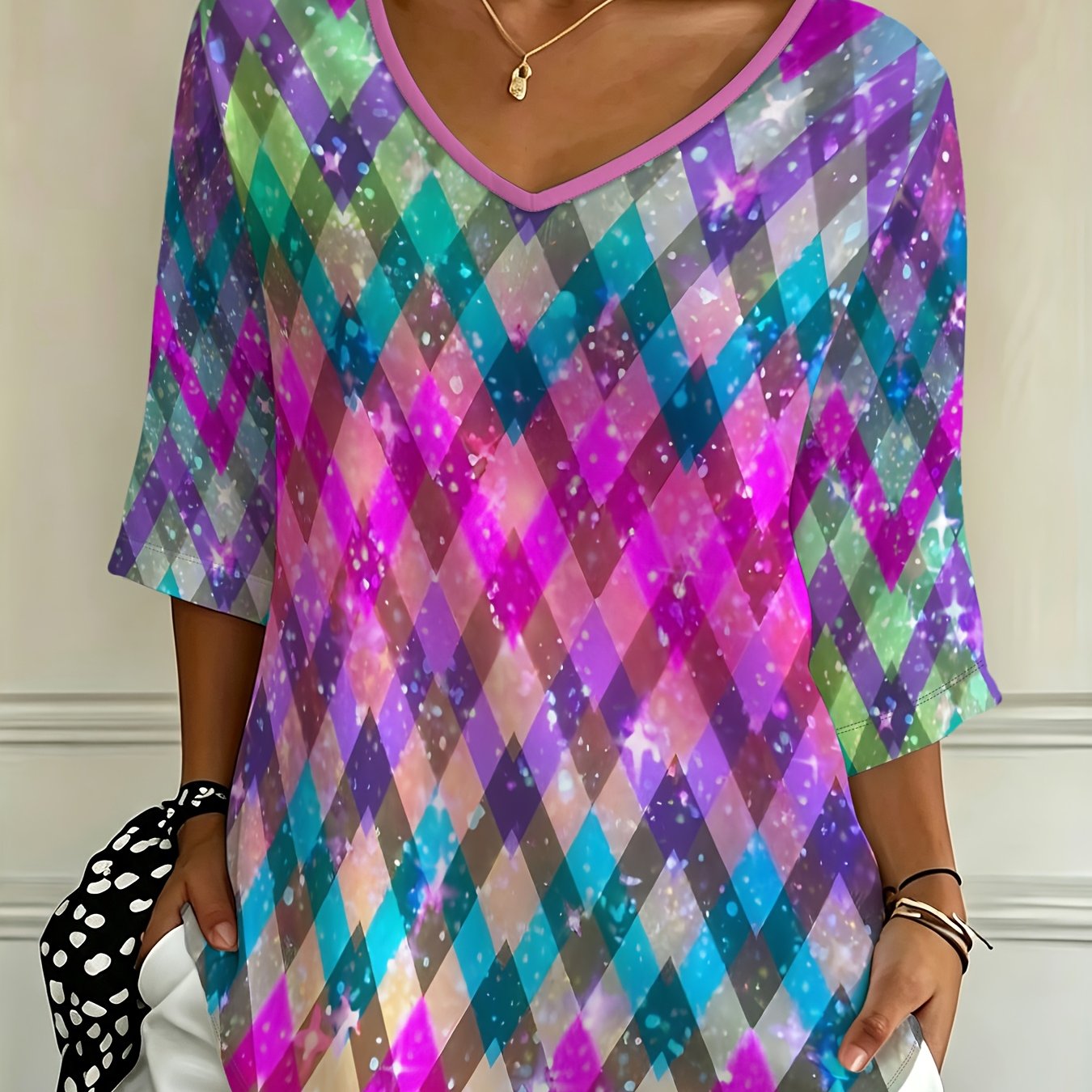 TEMU Plus Size - Casual Fashion Holiday New Women's Plus Size Loose Starry Diamond -quarter Sleeve V-neck T-shirt Top