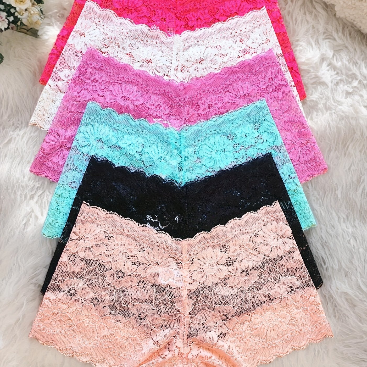 TEMU 6-pack Women's Sexy Lace Underwear - Mid-rise Briefs With Floral Lace Trim, Soft Pink & Lace Trim, Medium Support, Solid Color, Elegant Design