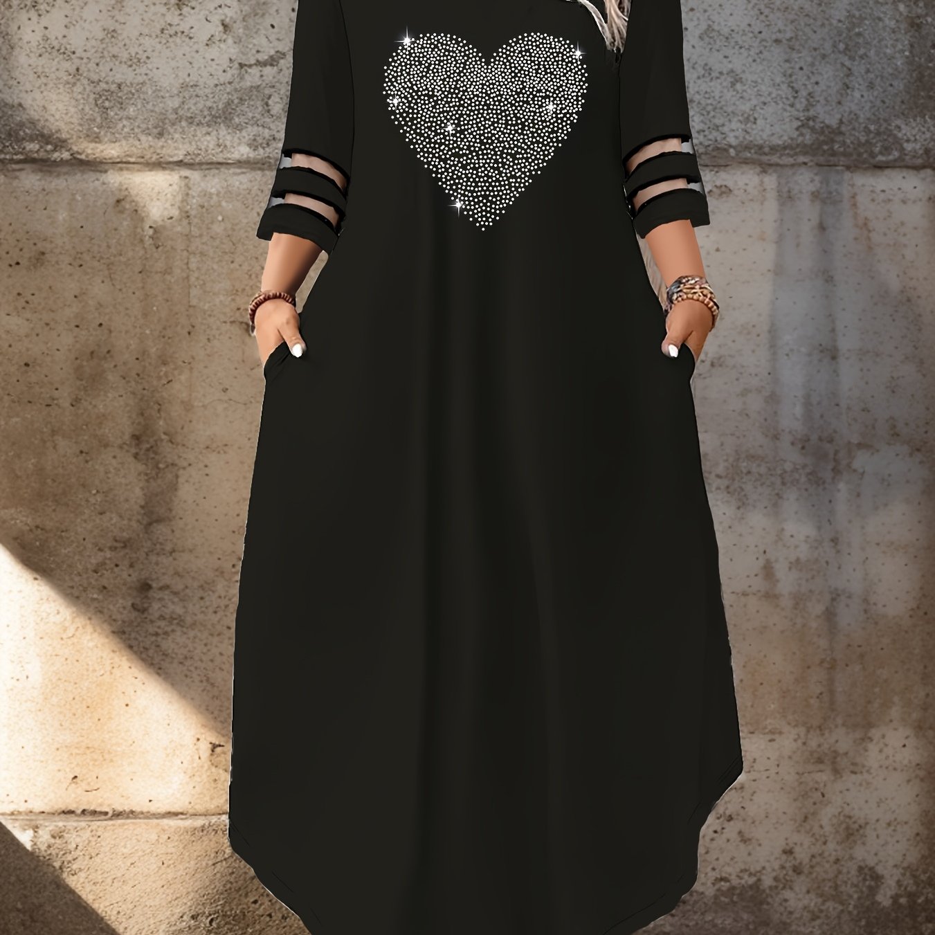 Plus Size - Plus Size - Elegant Women's Round Neck Heart-shaped Rhinestone Mesh Spliced Three-quarter Sleeve Dress