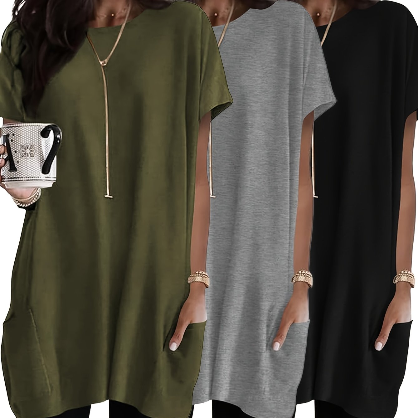E-shop 3er-Set Damen Mode Top Casual Lockerer Schnitt mit Elegant Bequem Kurzarm Rundhals Langarm T-Shirt