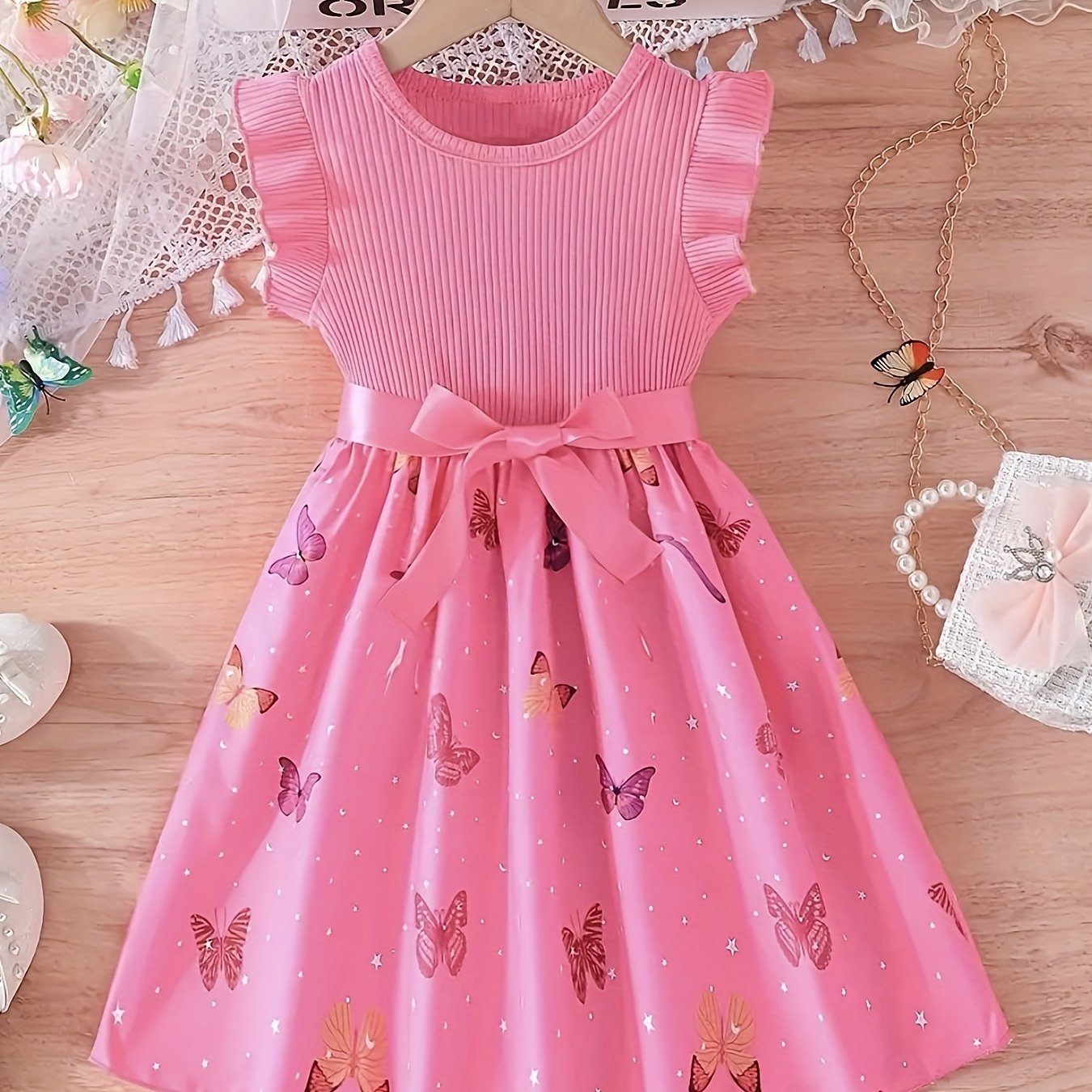 Image of Girls' Sweet And Cute Print Round Neck Flutter Sleeve Dress With Belt, Perfect Gift For Parties, Casual , Vacations, And Outdoor Activities