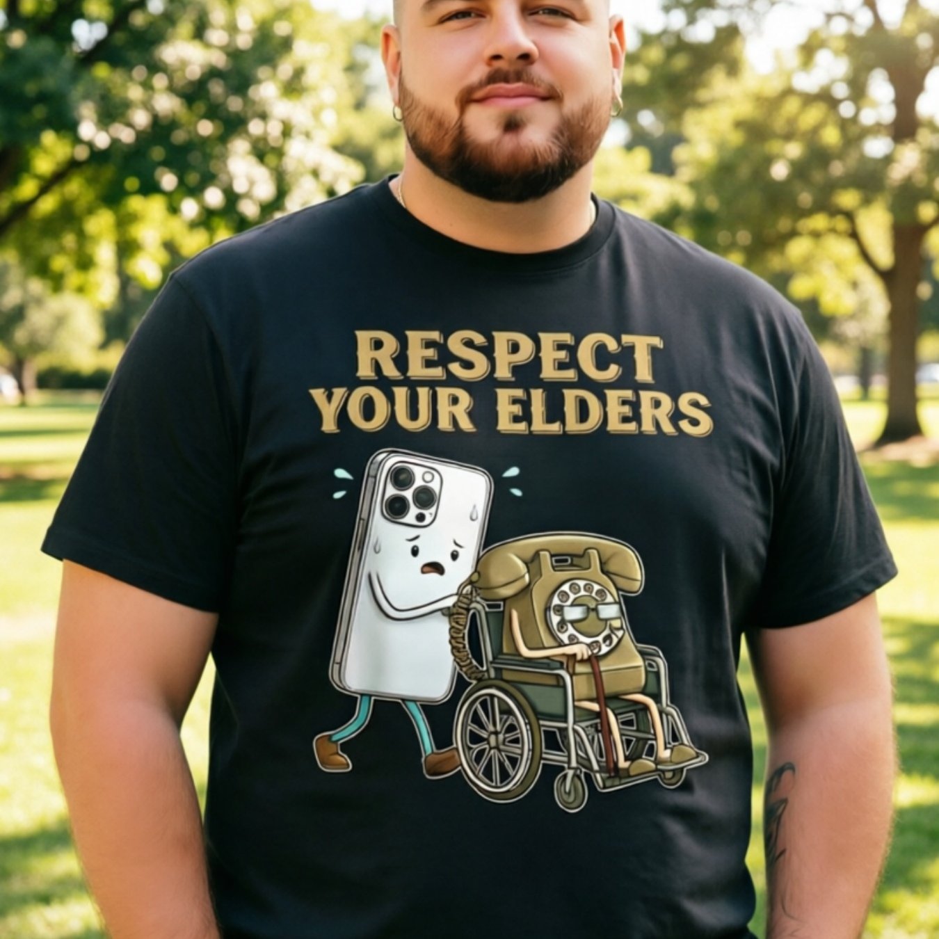 TEMU Men's Plus Size T-shirt, Black, Phone Pushing On Wheelchair With Phone Print Short Sleeve, Summer Breathable Top, Suitable For Daily , Parties,