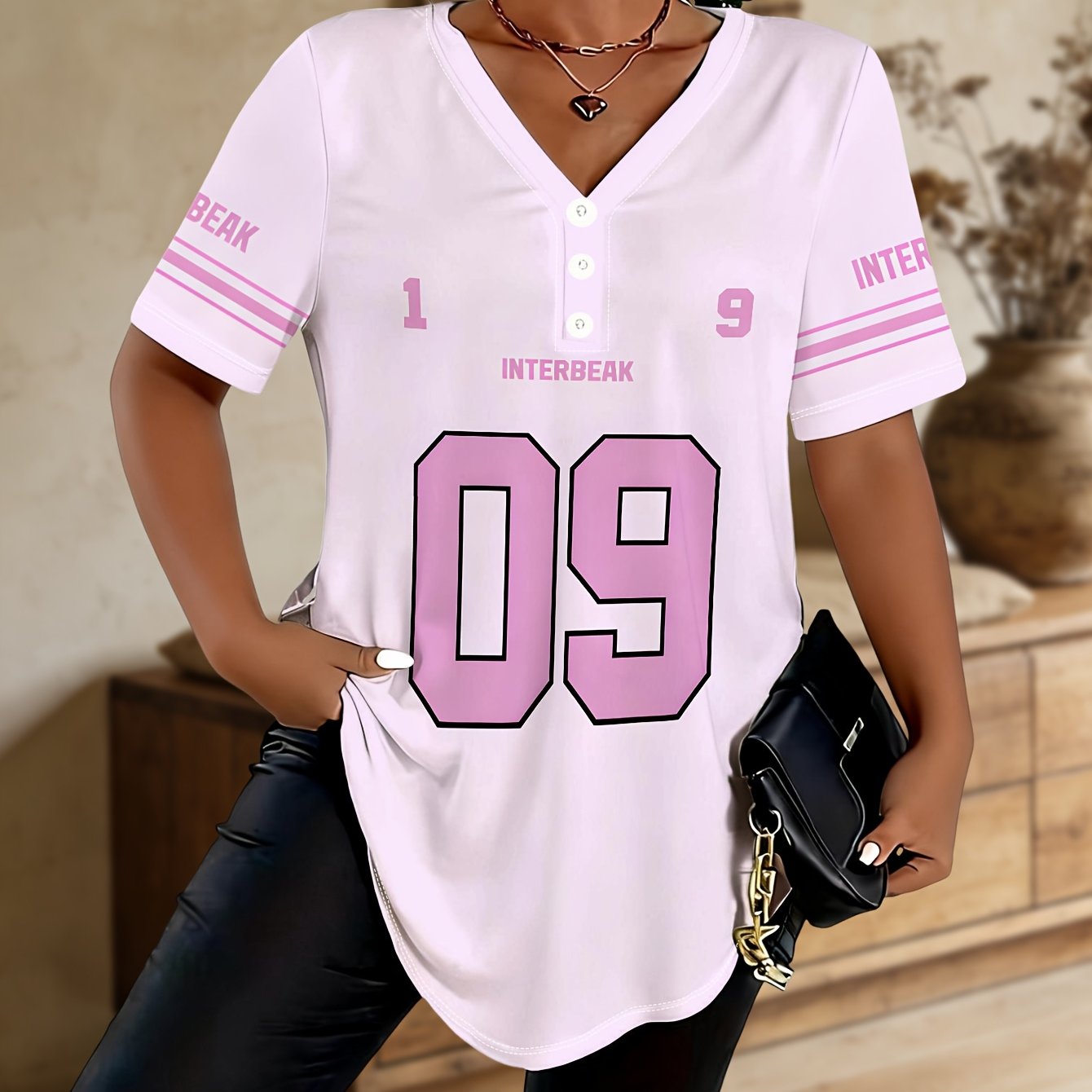 TEMU Plus Size - Plus Size - Plus Size Women's Clothing Interbeak Sweet Cool V-neck Three-button T-shirt Light Pink Contrast Color No. 09 Printed