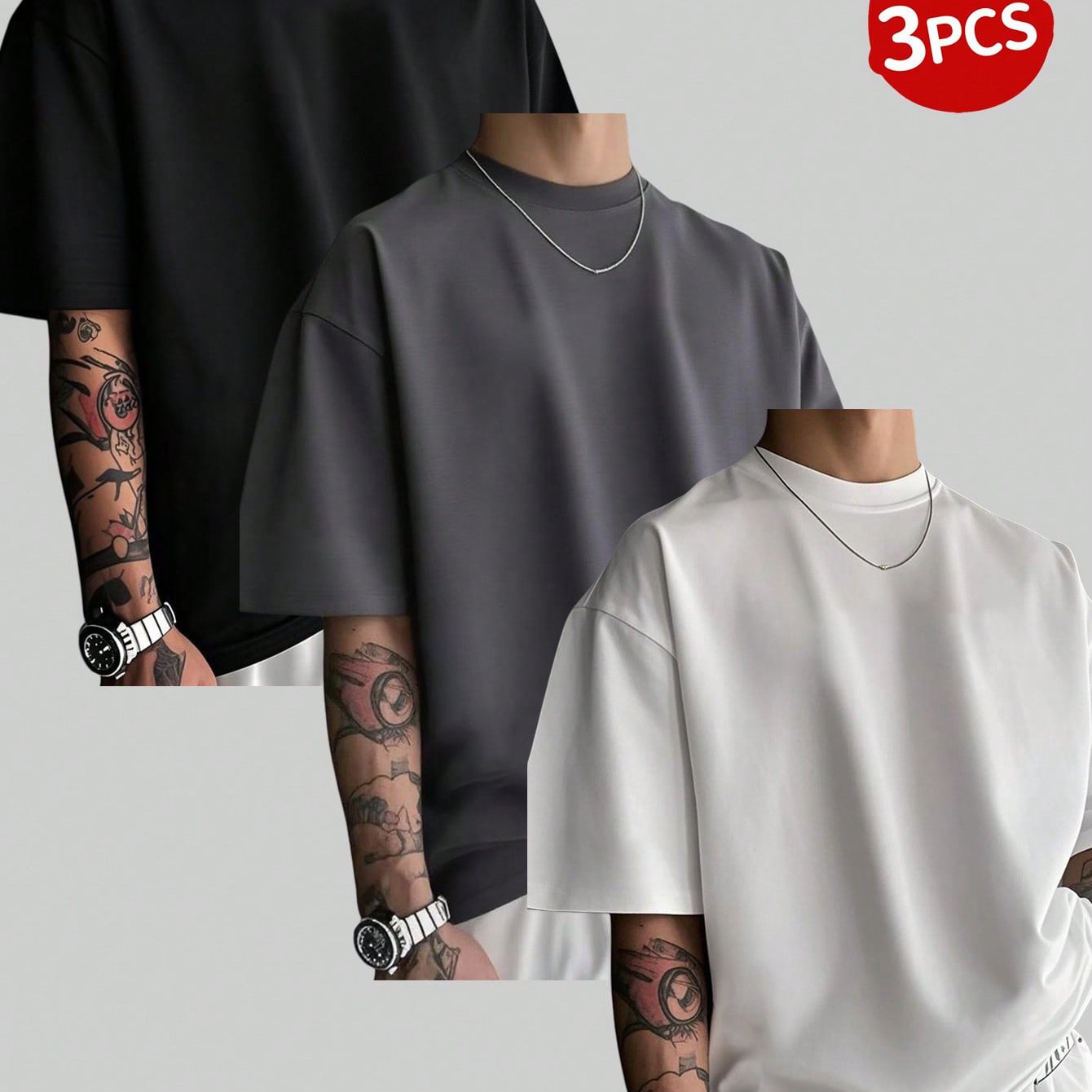E-shop 3 Stück Herren Kurzarm T-Shirts, 100% Stoff, Lockerer Schnitt, Modische Casual Rundhals Oberteile, Frühling/Sommer Outdoor Herrenbekleidung,