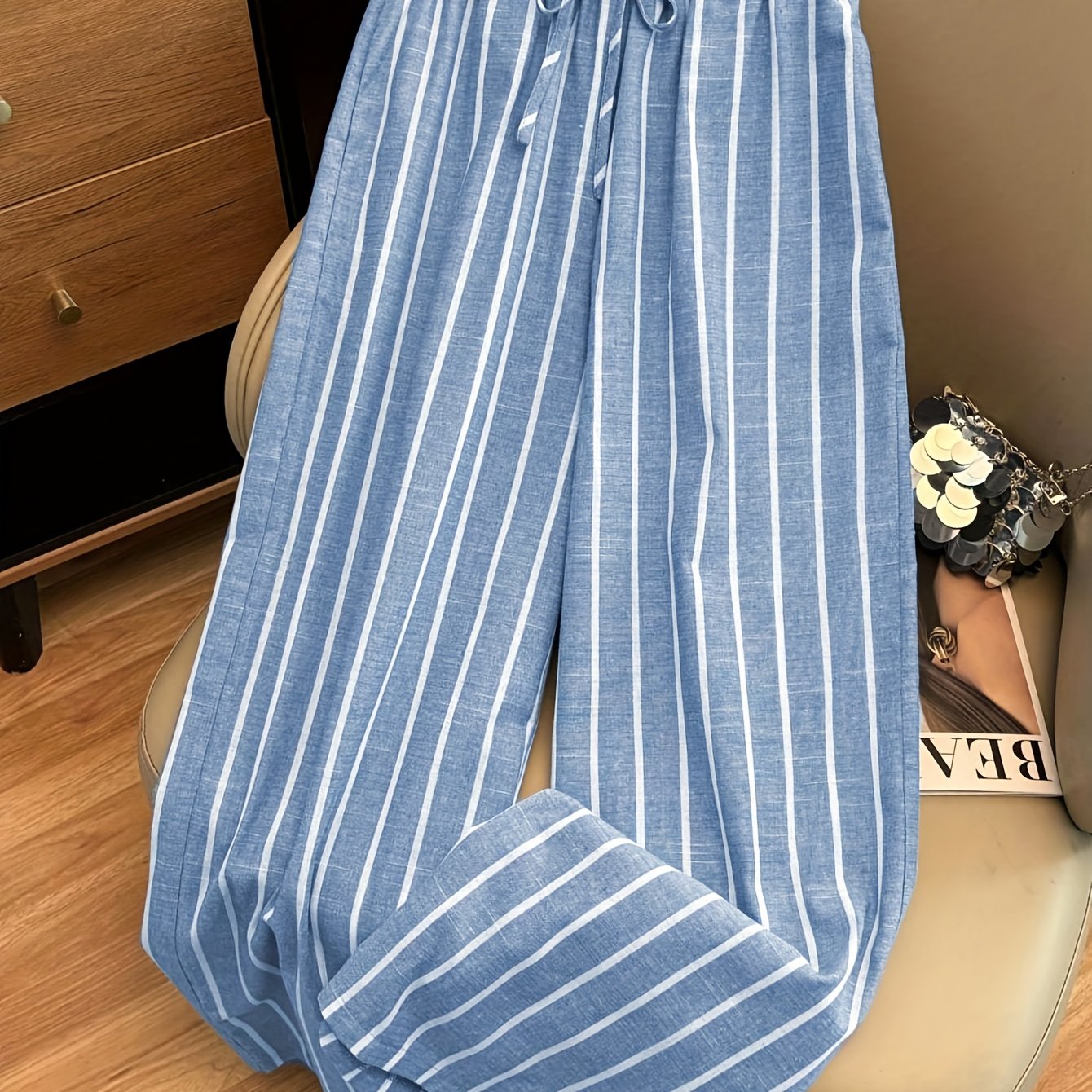 TEMU Sky Blue Bamboo Striped Casual Elastic Waist Women's Spring And Autumn Pants