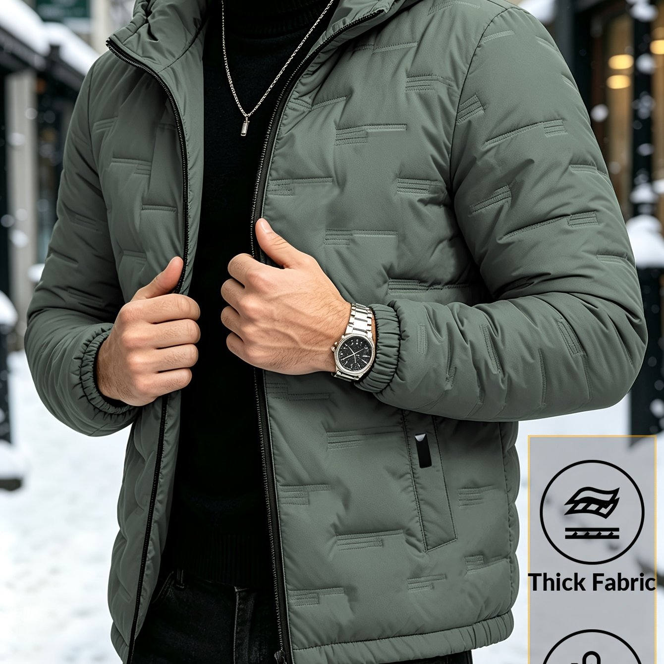 TEMU Chaqueta de invierno con capucha para hombre, abrigo y atlético de calidad, relleno de fibra de tela plisada y cómoda, lujosa, y de negocios,