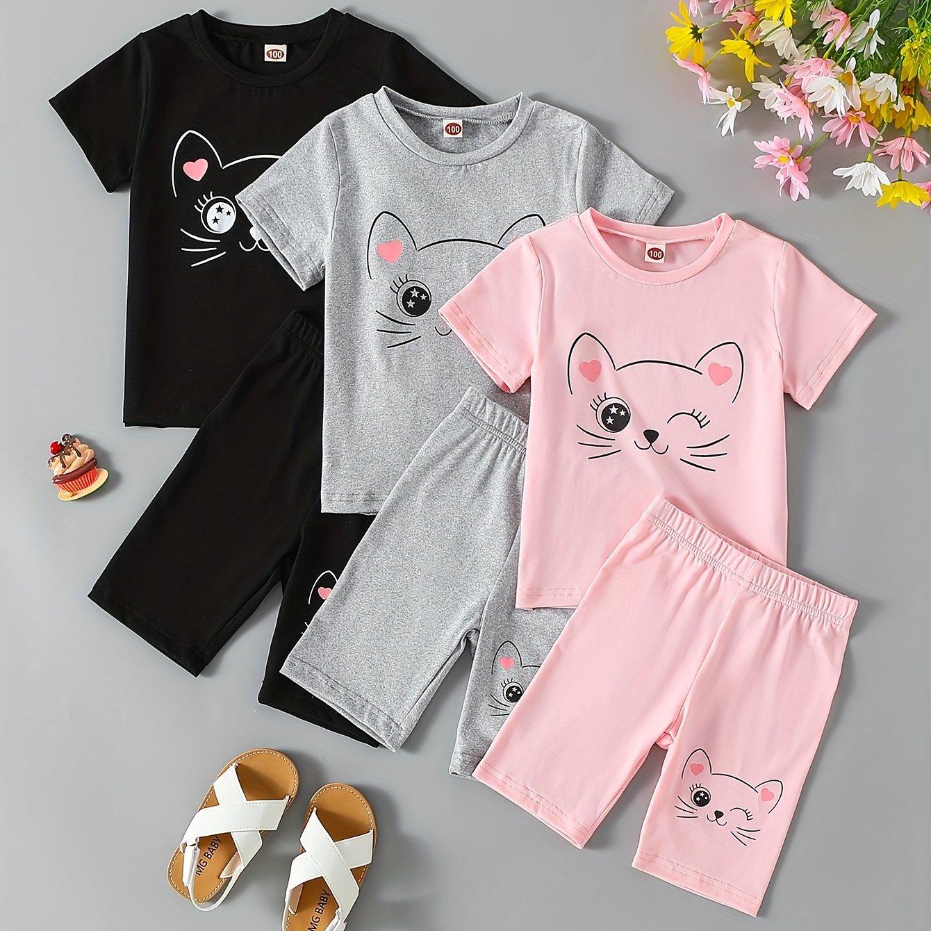 Image of Girls' Summer Casual Sports 6pcs Set, Cute Cartoon Kitten Print Solid Round Neck Short Sleeve T-shirt And Print Shorts, Summer Outdoor Outfit, For Outdoor