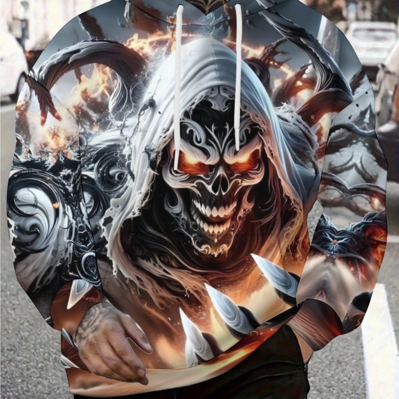 Hooded Men's Fashion Fall Winter Street Style Trendy Graphic Hoodie With Evil Skeleton Red Glowing Eyes Hooded Cloak Flaming Background Intricate Patterns Adults Men Casual Wear Cosplay Costume