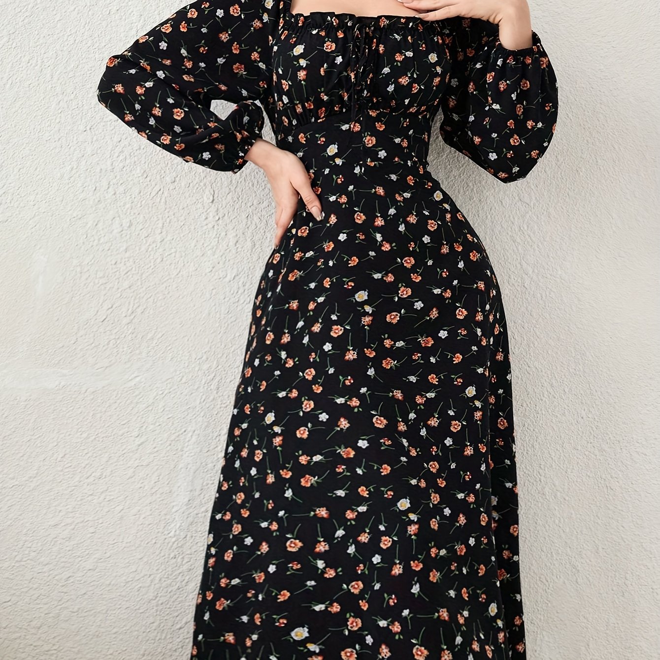 E-shop Urlaubsstil Blumenmuster Eckiger Ausschnitt Laterne Ärmel Frühling/Herbst Damenkleid