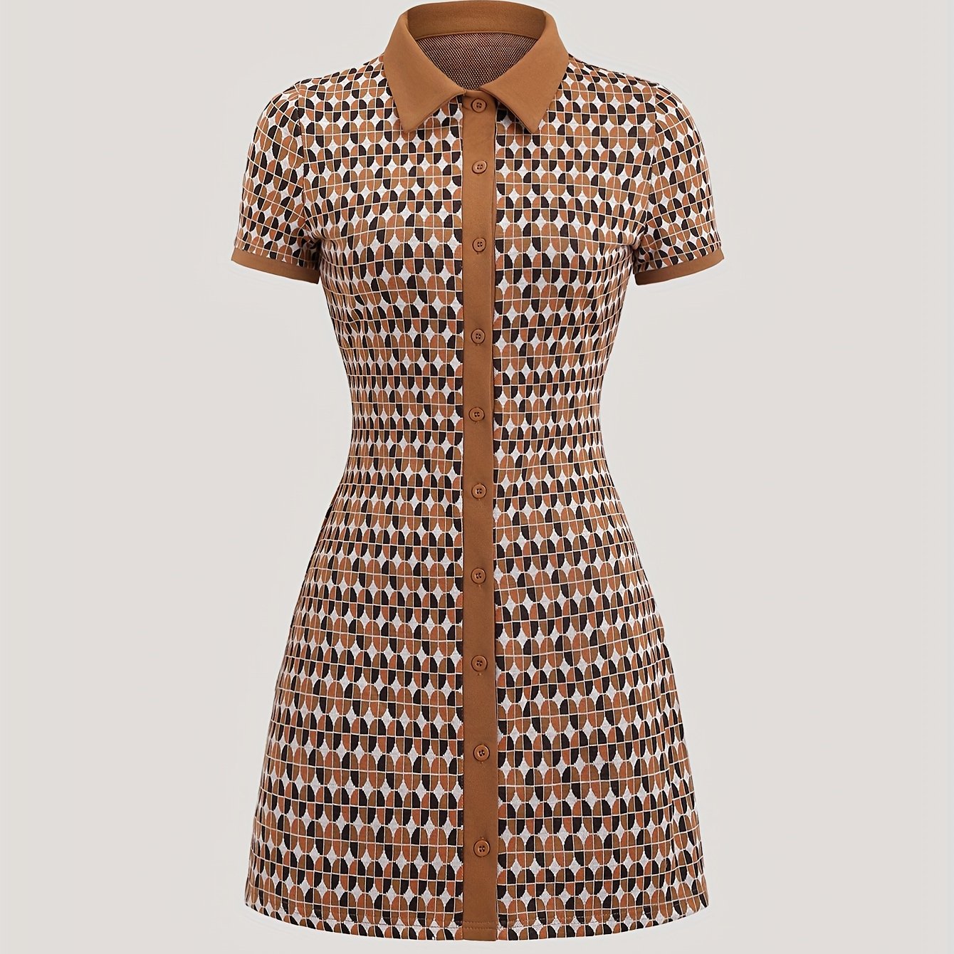 Image of Print Front-center Button-style Lapel Dress, Sweet Cute Versatile Elegant Women's Dress, Diamond Check Retro Contrast Dress Waist-cinching