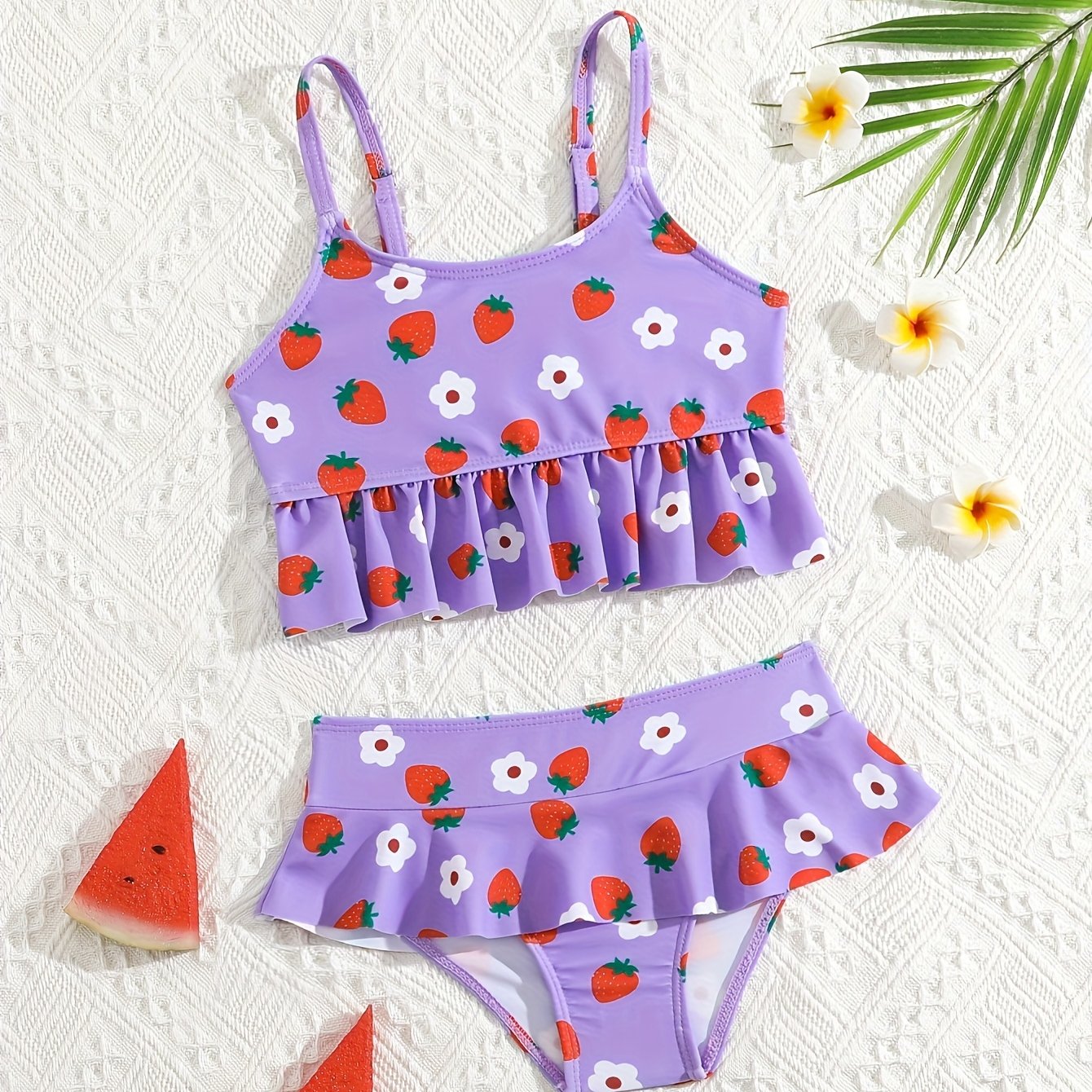 Image of Light Purple Strawberry Floral Swimsuit, Encountering Swimming Pool