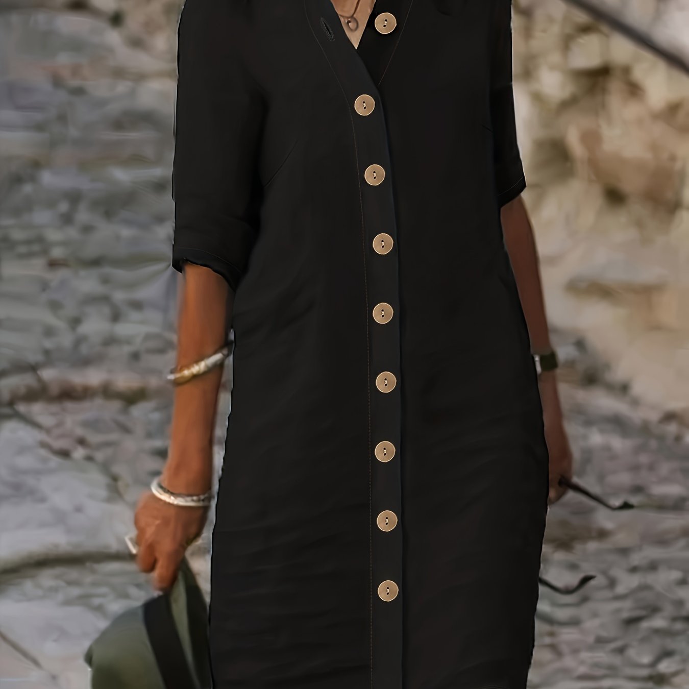 Image of Women' Mature Commuter Stand Collar Dress, Elegant -breasted Mid-sleeve Loose Casual Versatile Midi Dress, Affordable Dress