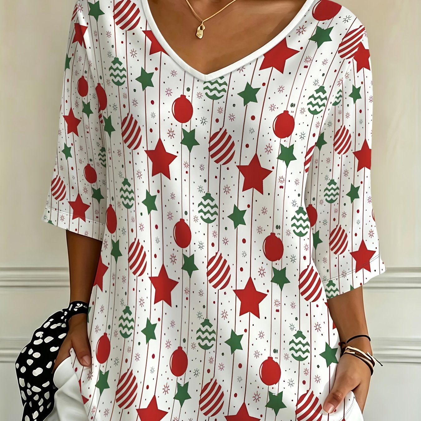 TEMU Plus Size, New Casual Fashion Christmas Women's Plus Size Loose-fit Christmas -quarter Sleeve V-neck T-shirt Top