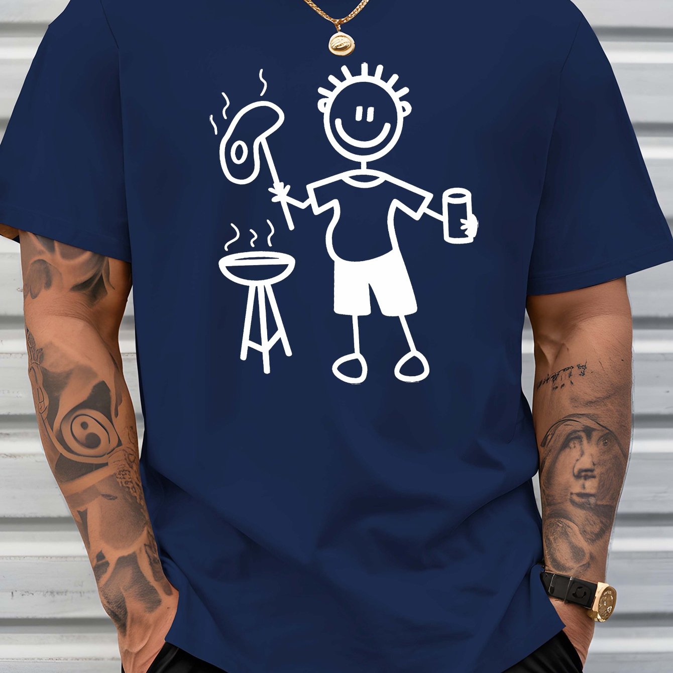 TEMU Men's Short-sleeved T-shirt For Summer Bbqs, Featuring Trendy Prints And A Casual Round Neck Design, Perfect For Beach Resorts And Warm Weather