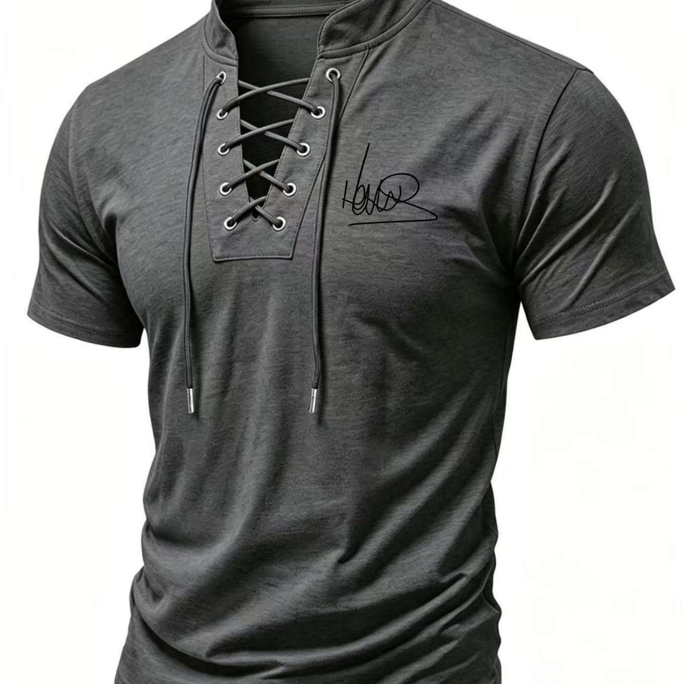 TEMU Men's Henley Collar T-shirt With Strap Design, Minimalist Handwritten Signature Print, Low- Color Palette, Soft, Comfortable, And Breathable