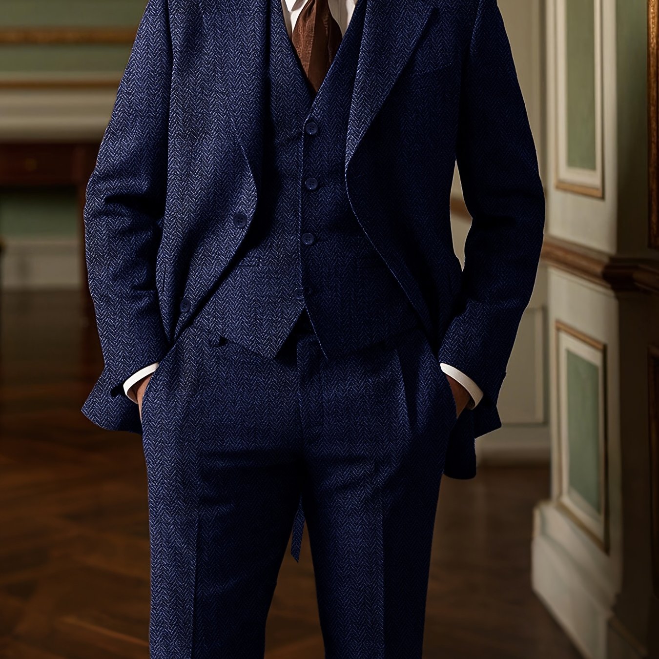 TEMU Men's 3pcs Tweed Suit Herringbone Western Vintage Groom Gift Wedding Suit Formal Event Work Business Party Elegant Retro Suit Jacket Vest