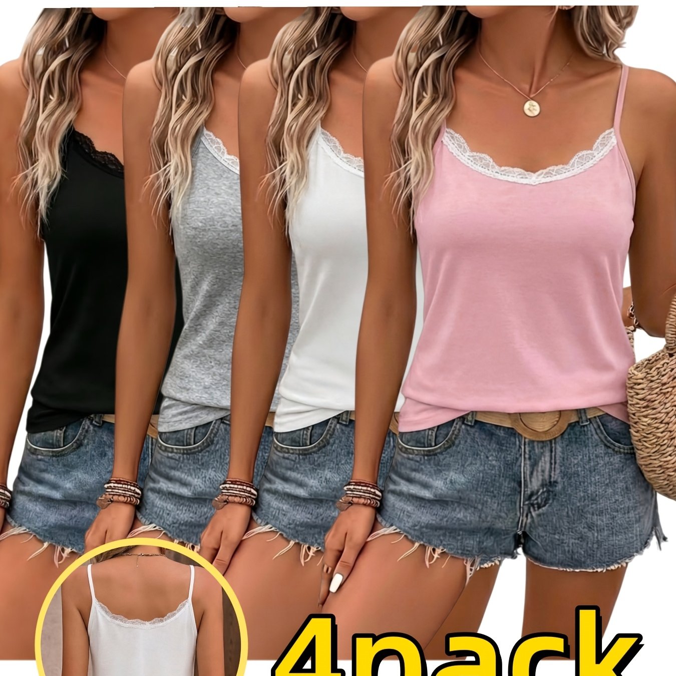 4pcs Set, Women' Color Lace Thin Strap Simple Slim-fit Camisole Tank Top