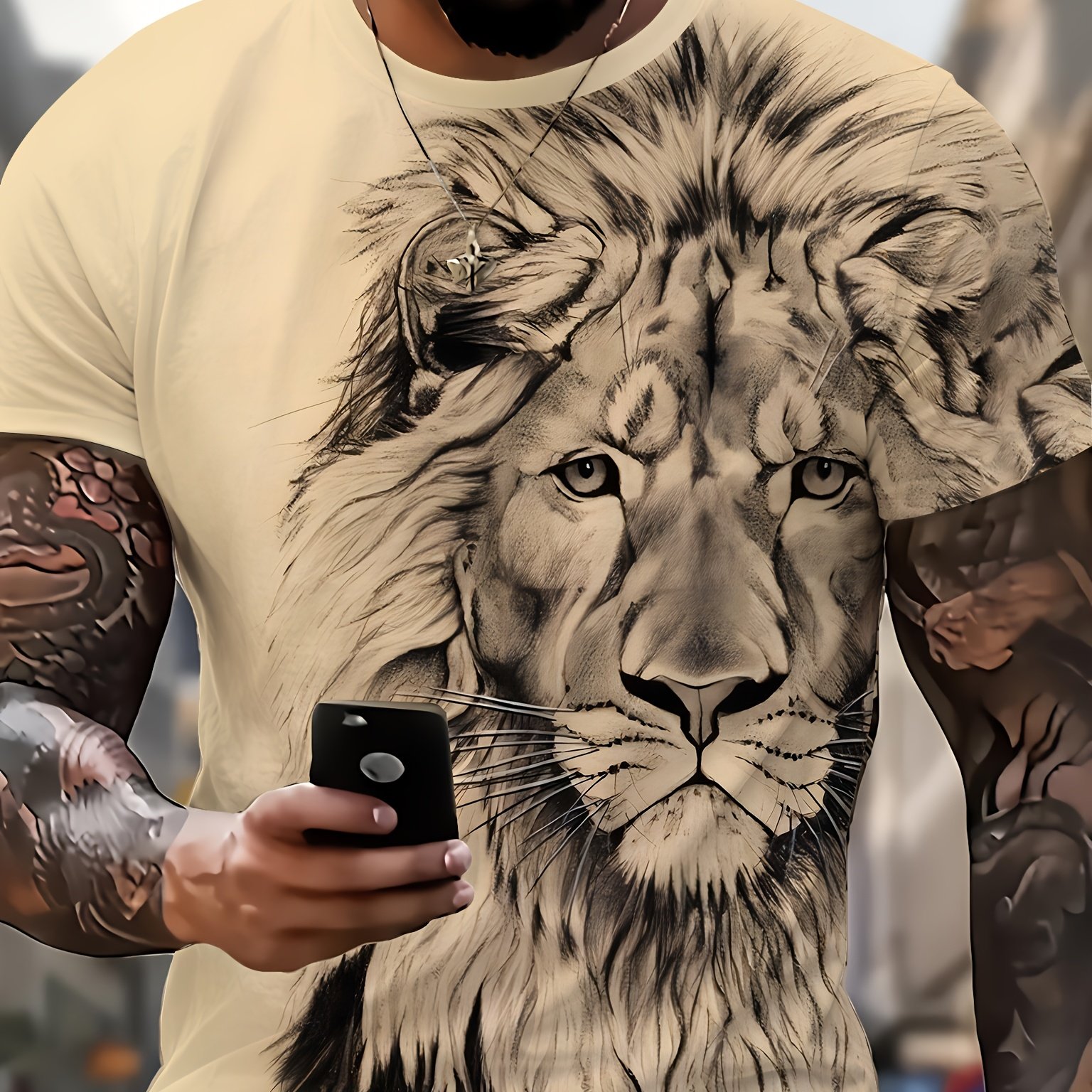 Men's Short Sleeve Tops Oversized Tees Shirt Men Design Clothes Fighting Animal Lion 3d Print Yellow T-shirt