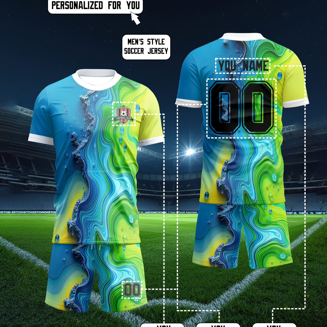 TEMU Custom Soccer Uniform Set Short-sleeve T-shirt And Shorts, Blue And Yellow Gradient Sports Suit, With Personalized Custom Elements Like Name And