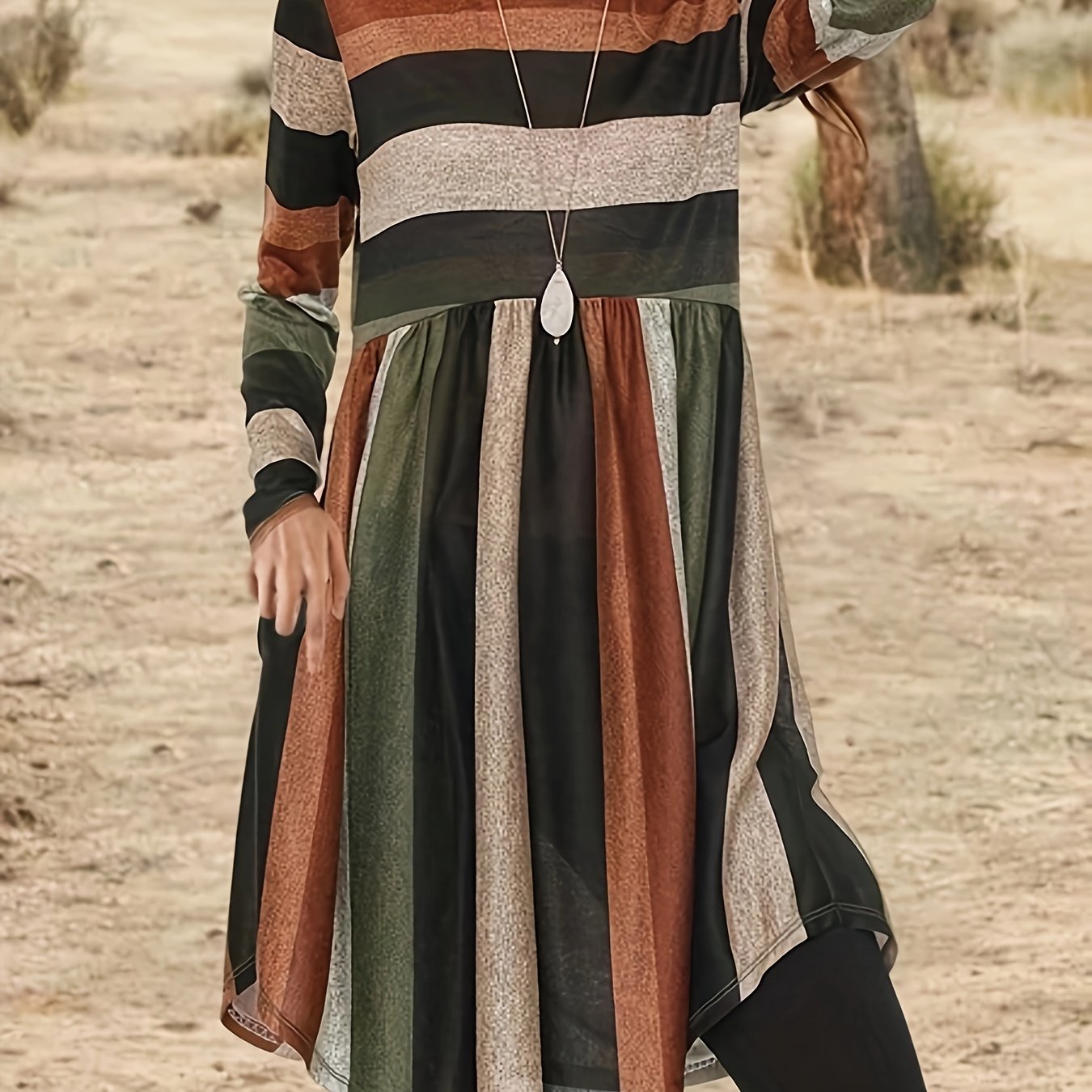 TEMU Plus Size Casual Dress, Women's Plus Colorblock Stripe Print Long Sleeve Round Neck Slight Stretch Dress