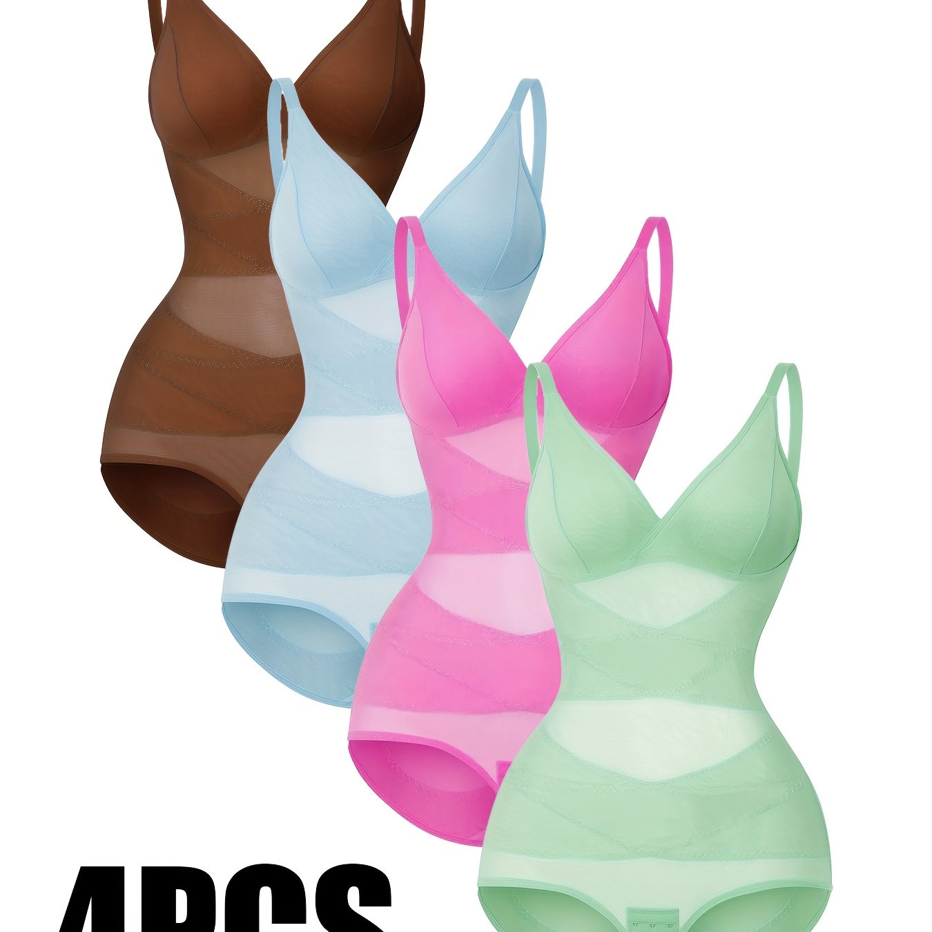 TEMU A Four-piece Set Of Plus-size Women's Bodysuit Featuring A V-neck Design With -style Padded Insert Removable, Designed To Shape The Waist And